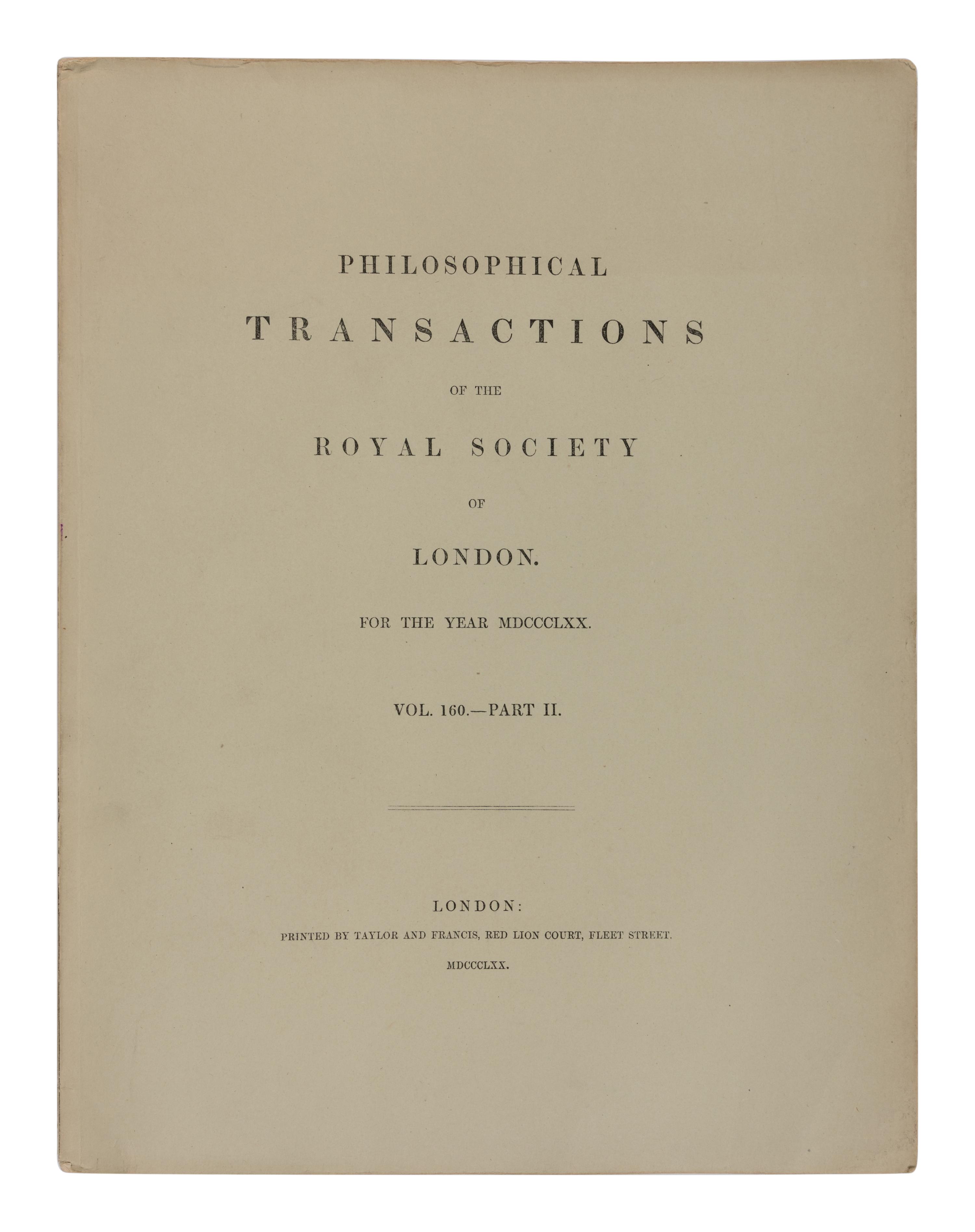 JEVONS, William Stanley (1835-1882). "On the Mechanical Performance of Logical Inference." In: Philosophical Transactions of the Royal Society of London, vol. 160, part II, pp. 497-518. London: Taylor and Francis,1870.