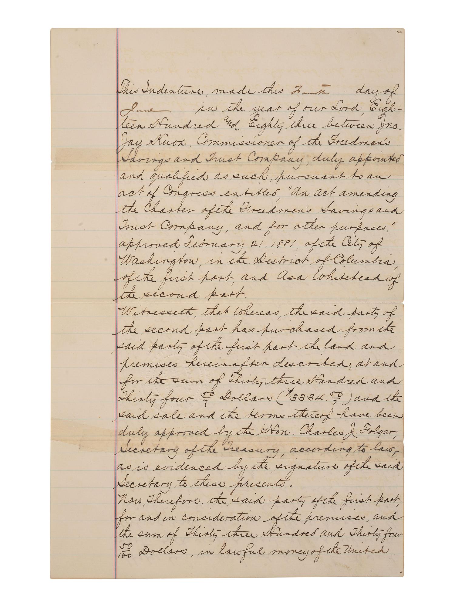DOUGLASS, Frederick (ca 1818-1895). Land indenture involving the Freedman's Savings and Trust Company. Washington, DC, 4 June 1883. Signed by John Jay KNOX, Charles J. FOLGER, and Frederick DOUGLASS.
