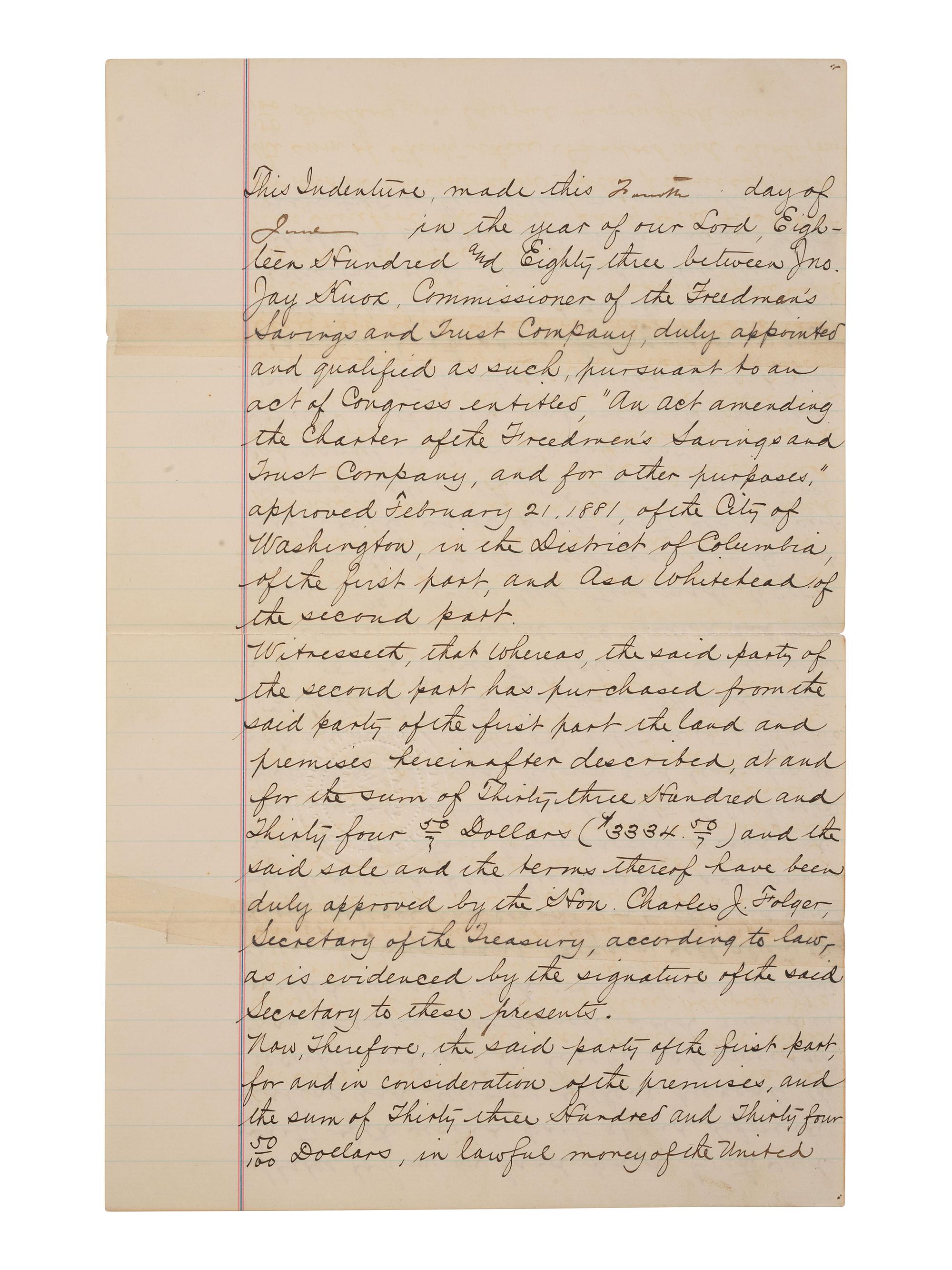 DOUGLASS, Frederick (ca 1818-1895). Land indenture involving the Freedman's Savings and Trust Company. Washington, DC, 4 June 1883. Signed by John Jay KNOX, Charles J. FOLGER, and Frederick DOUGLASS.