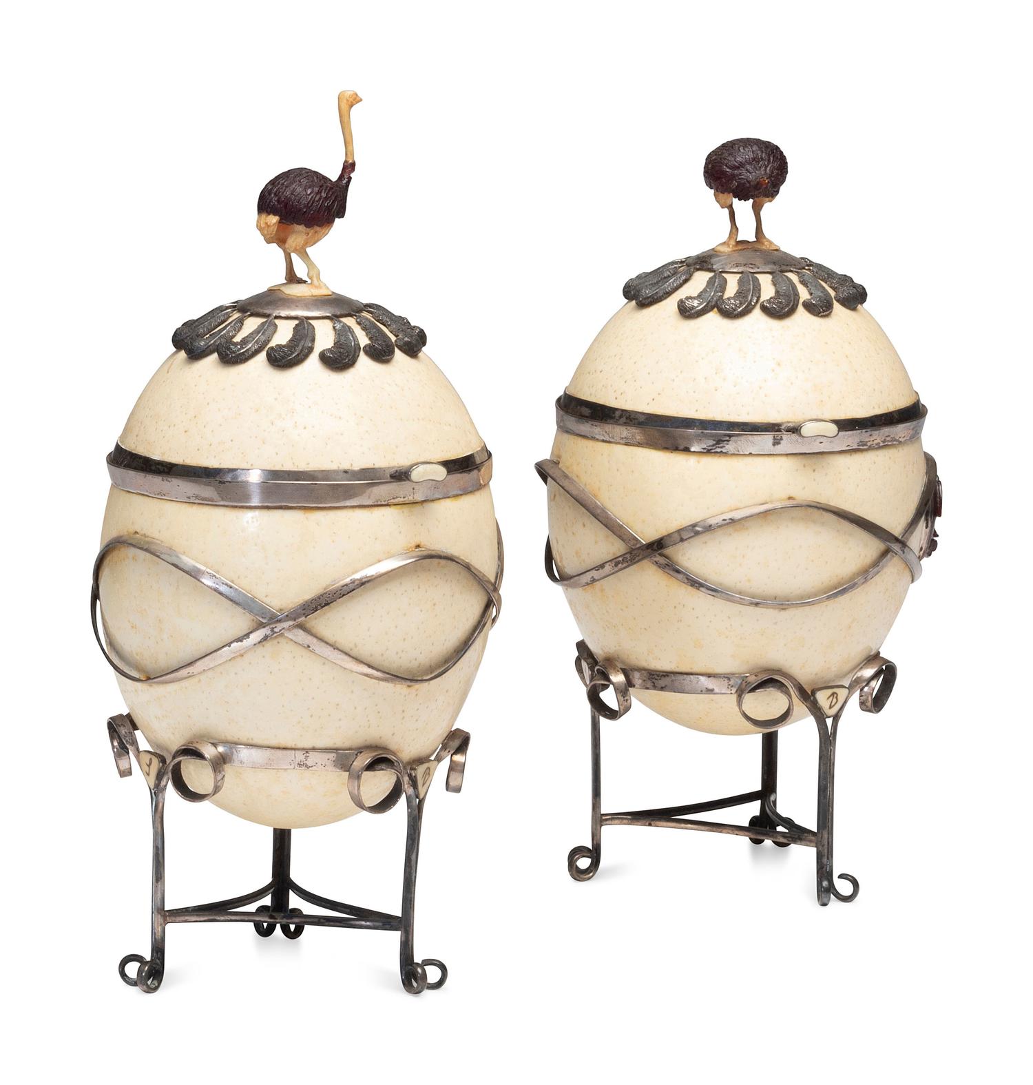 Two Silver-Mounted Ostrich Eggs