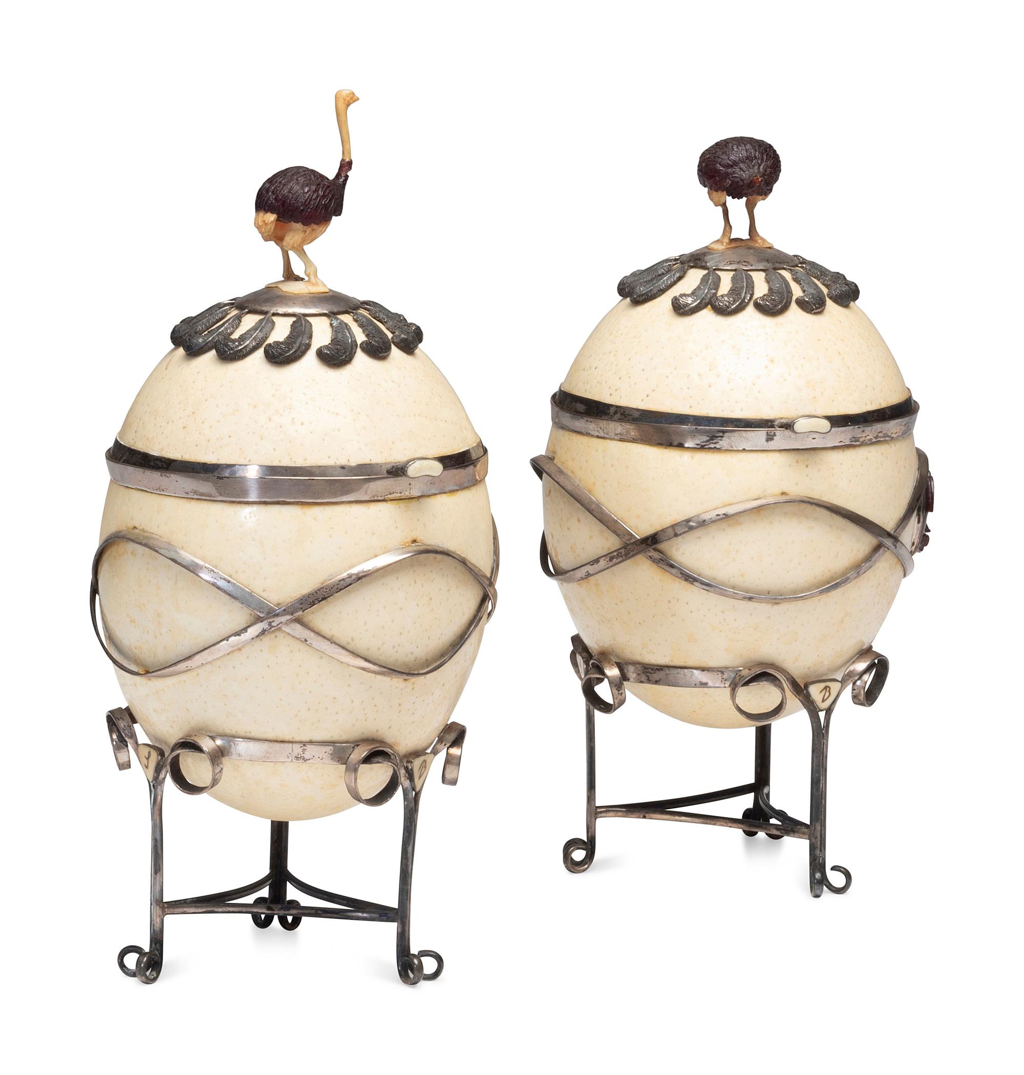 Two Silver-Mounted Ostrich Eggs