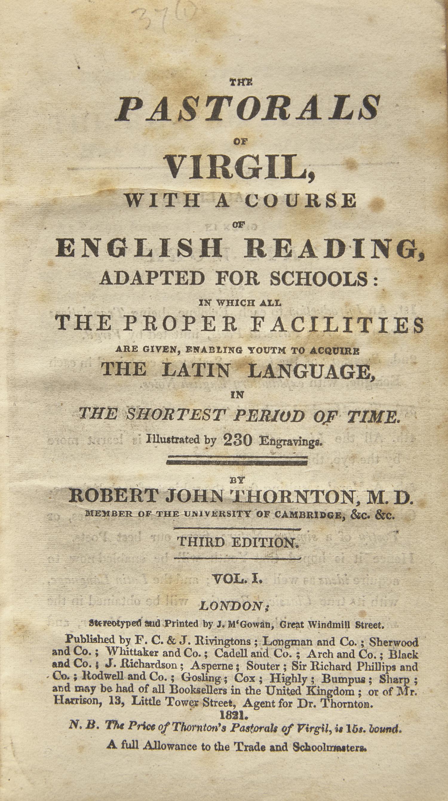 [Blake, William] [Virgil] The Pastorals of Virgil, With a Course of English Reading, Adapted for Schools: In Which All the Proper Facilities are Given, Enabling Youth to Acquire the Latin Language, in the Shortest Period of Time...