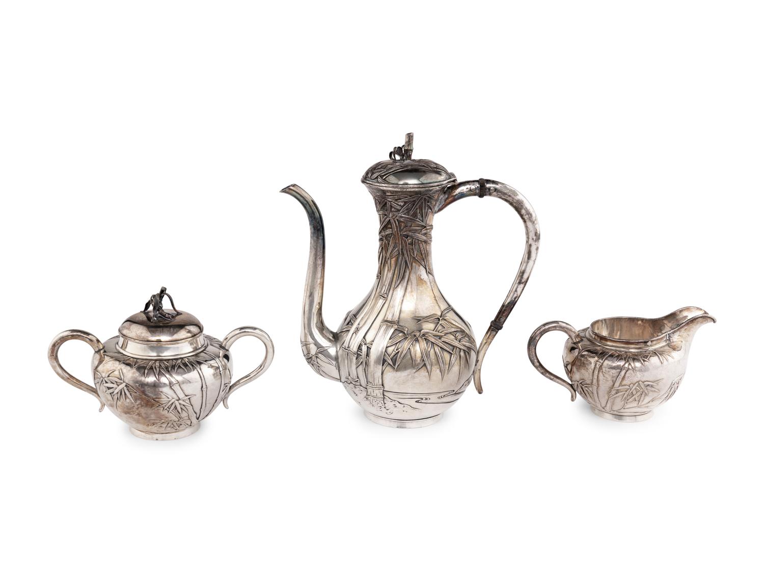 Three Japanese Silver 'Bamboo' Tea Wares