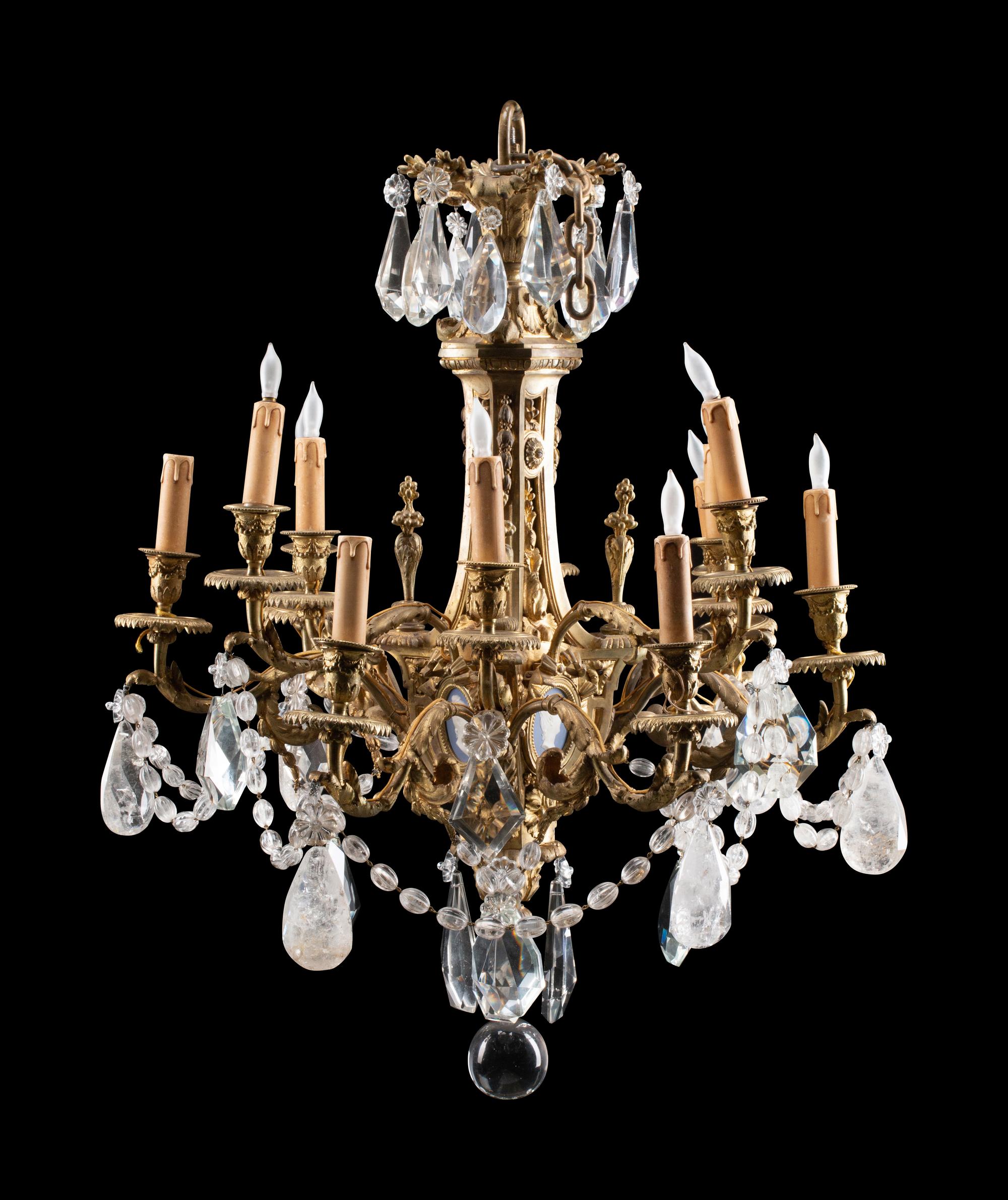 A Gilt-Bronze, Rock Crystal and Glass Twelve-Light Chandelier