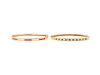 YELLOW GOLD, RUBY, EMERALD, AND DIAMOND BANGLES