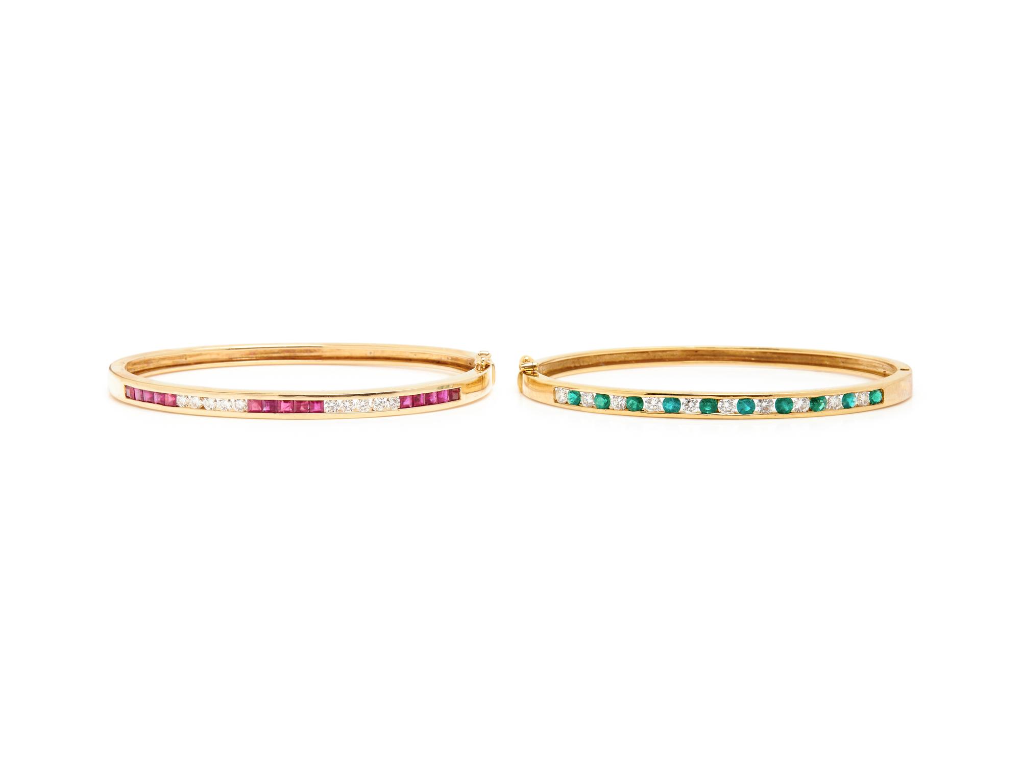 YELLOW GOLD, RUBY, EMERALD, AND DIAMOND BANGLES