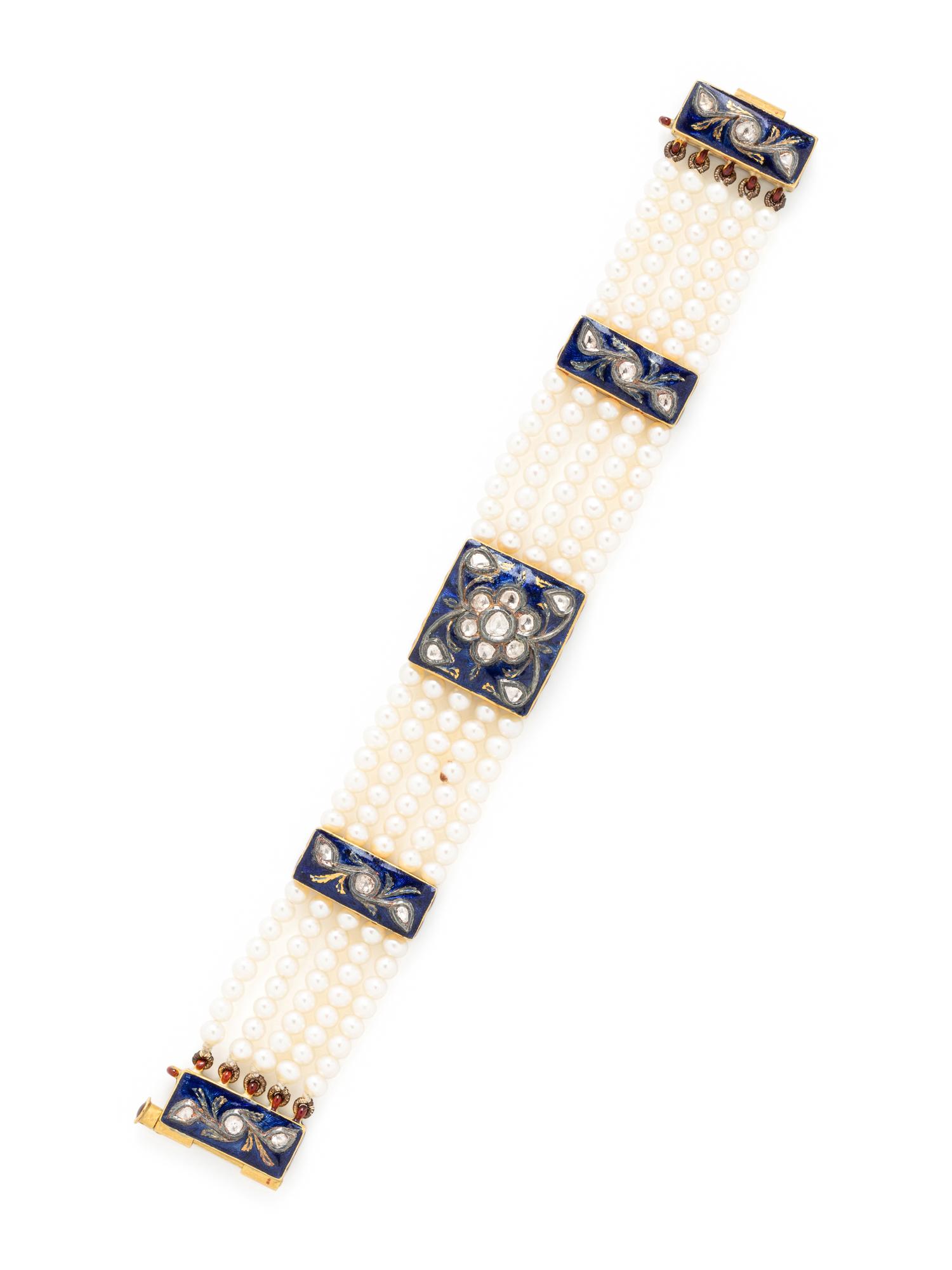 YELLOW GOLD, ENAMEL, DIAMOND, AND CULTURED PEARL MUGHAL-STYLE BRACELET