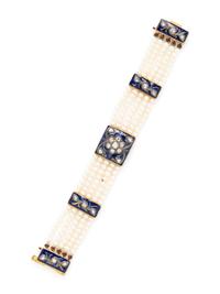 YELLOW GOLD, ENAMEL, DIAMOND, AND CULTURED PEARL MUGHAL-STYLE BRACELET