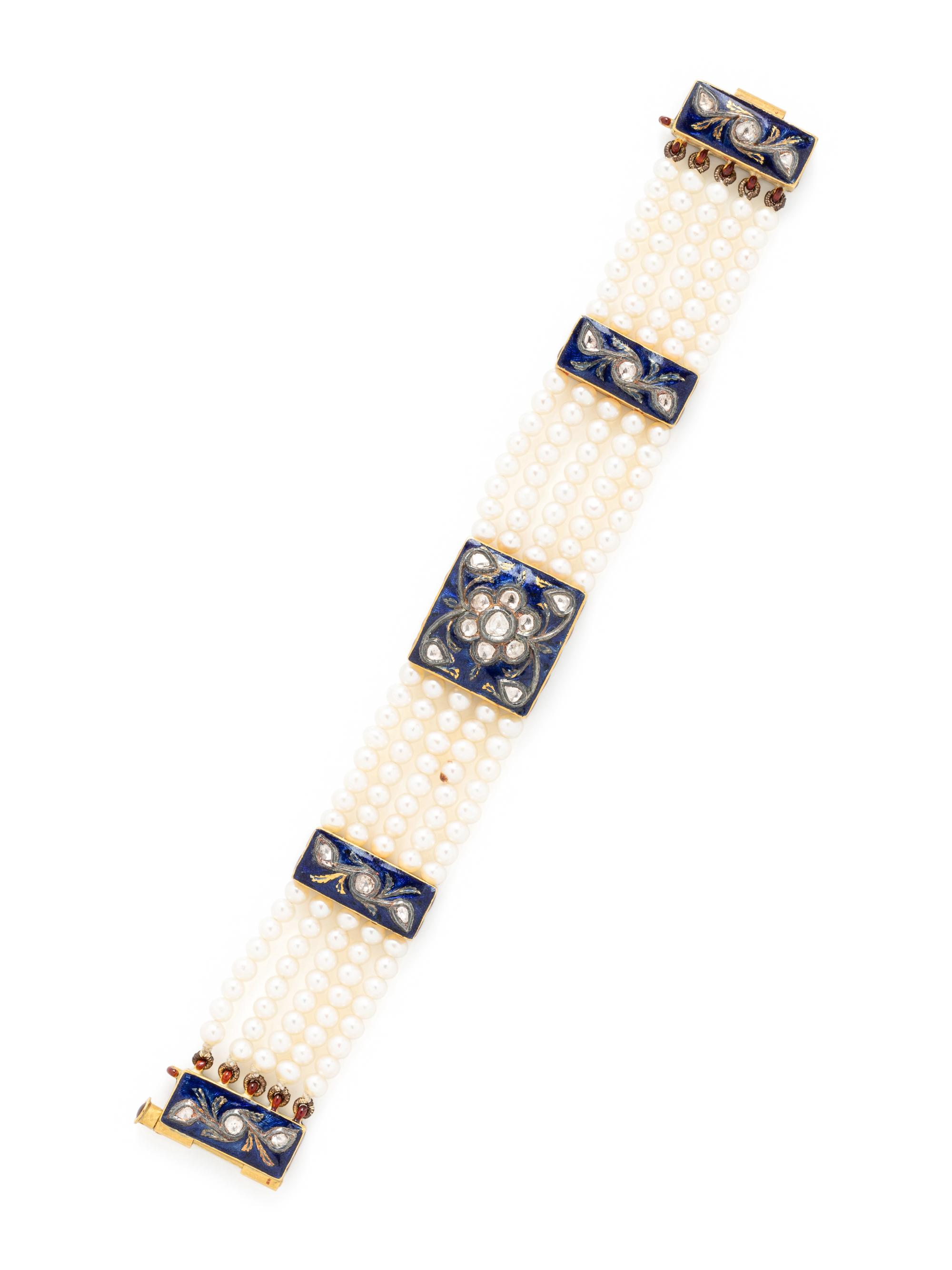 YELLOW GOLD, ENAMEL, DIAMOND, AND CULTURED PEARL MUGHAL-STYLE BRACELET