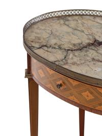 A Pair of Louis XVI Style Marquetry Marble-Top Side Tables