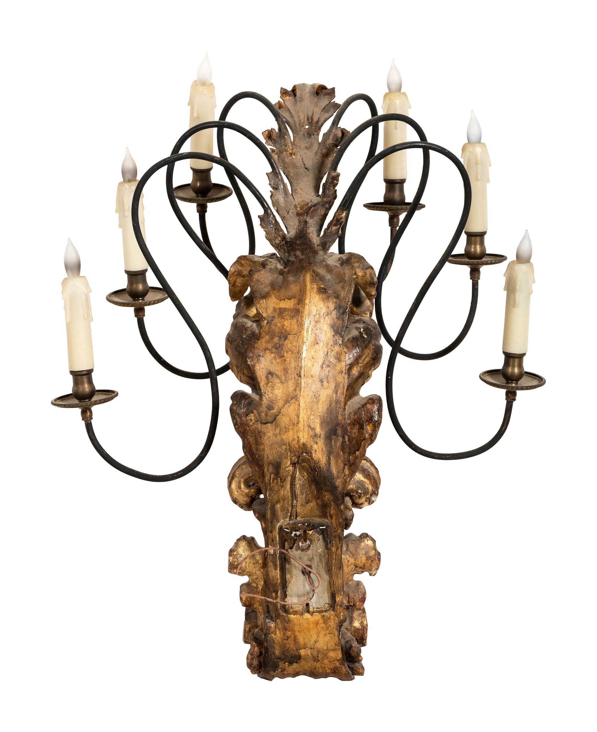 A Pair of Continental Giltwood and Metal Six-Light Sconces