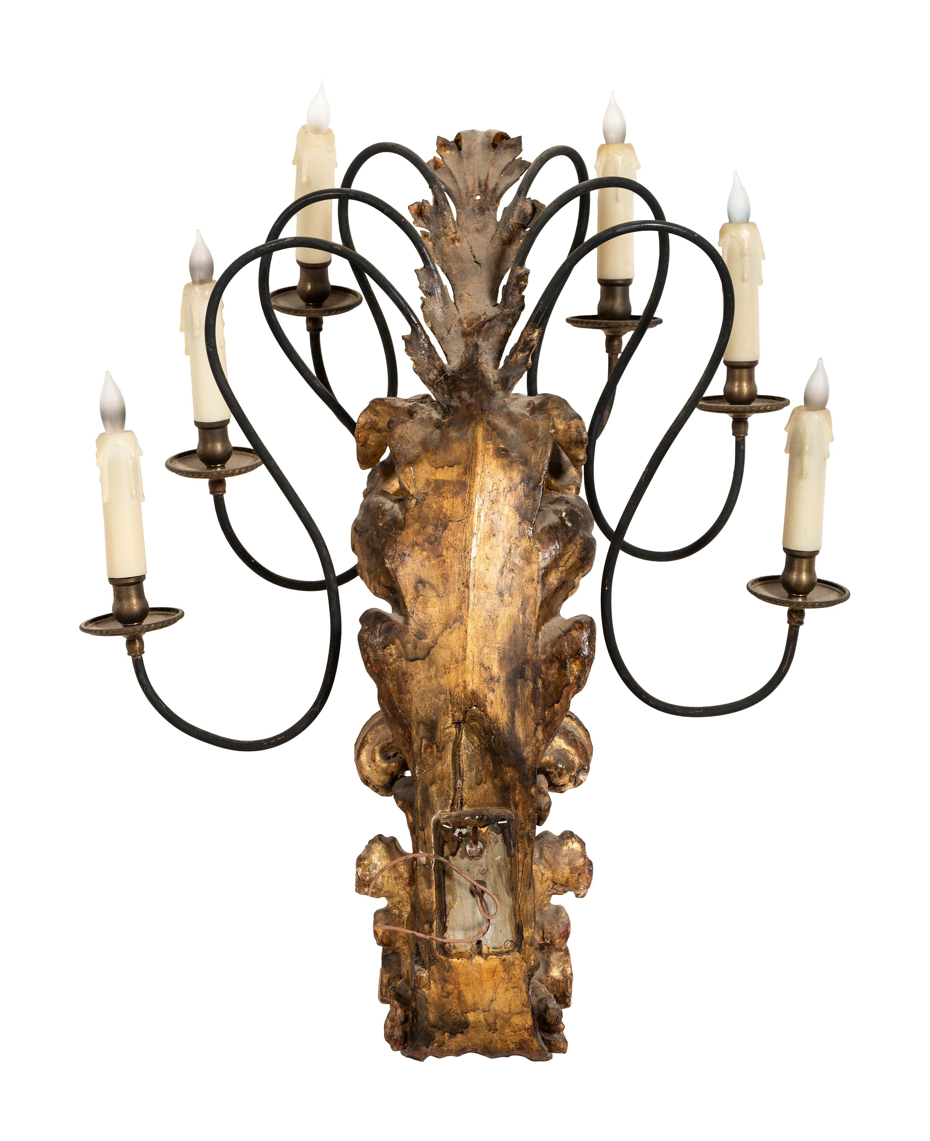 A Pair of Continental Giltwood and Metal Six-Light Sconces