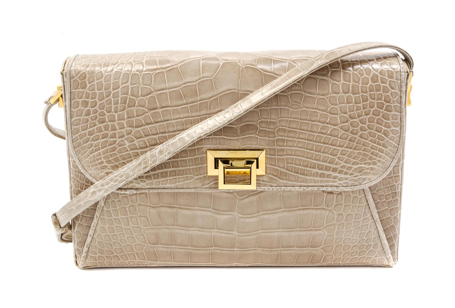 A Judith Leiber Taupe Alligator Shoulder Bag, 12 x 7 1/2 x 2 inches.