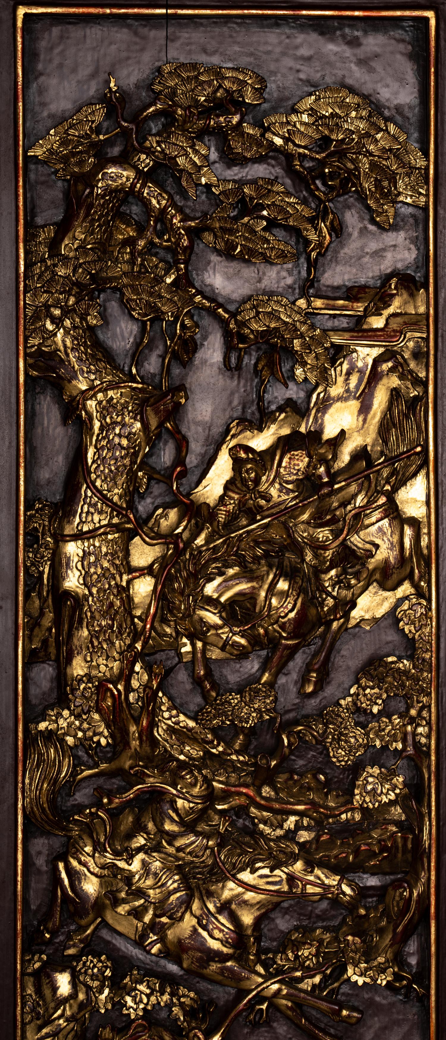 A Pair of Chinese Gilt and Red Lacquered Carved Wood Panels