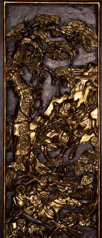 A Pair of Chinese Gilt and Red Lacquered Carved Wood Panels