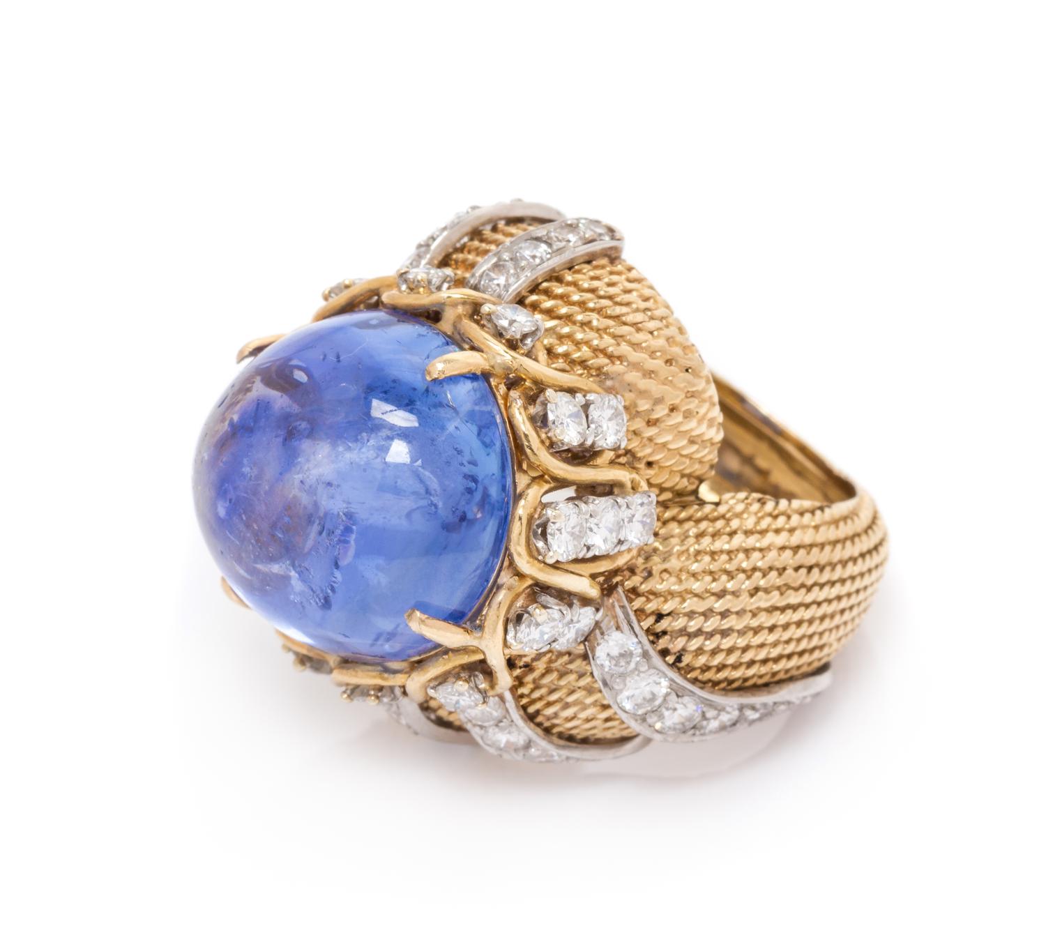 A Yellow Gold, Platinum, Sapphire and Diamond Bombe Ring, 15.80 dwts.