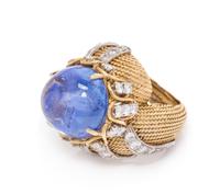 A Yellow Gold, Platinum, Sapphire and Diamond Bombe Ring, 15.80 dwts.