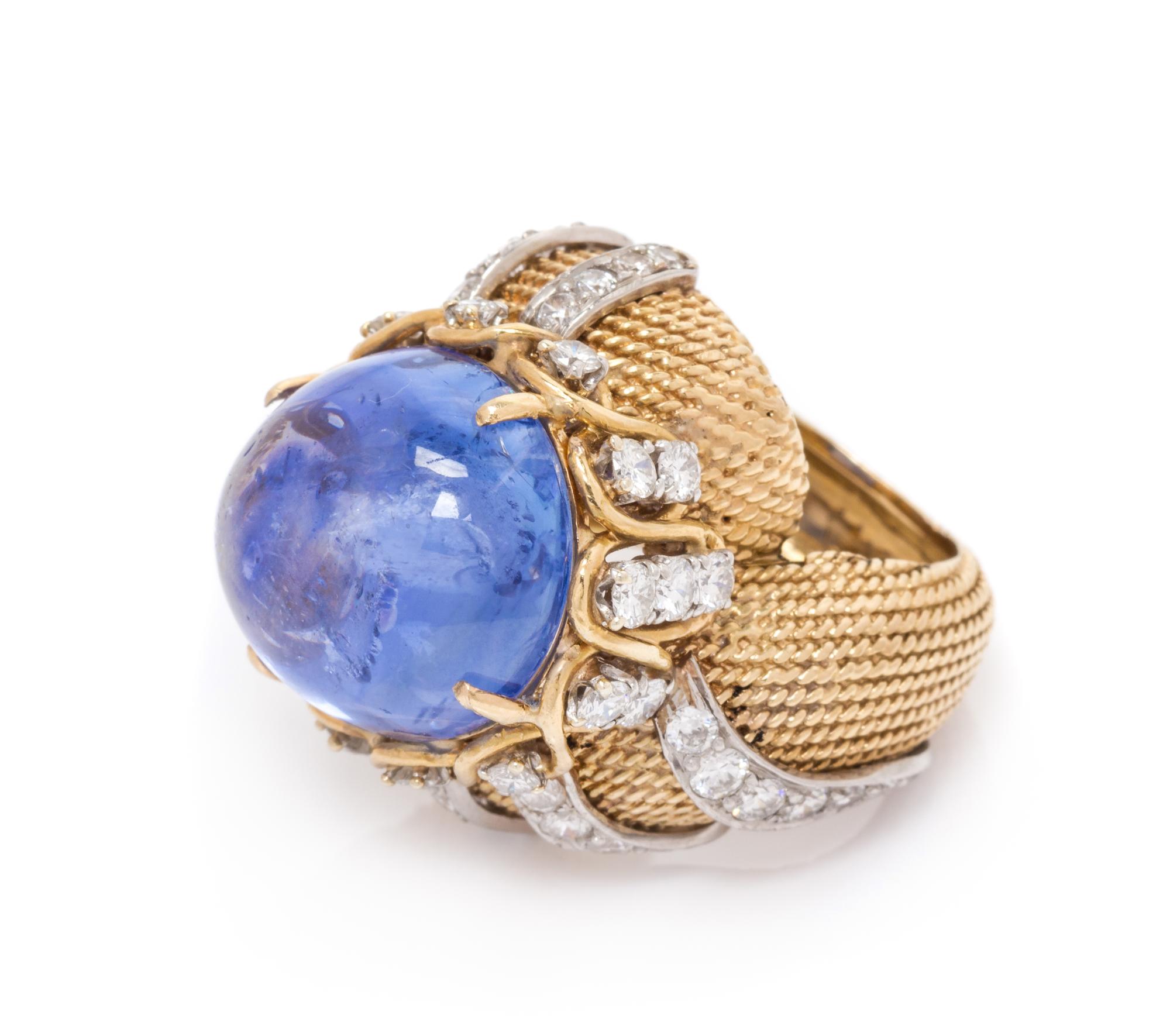 A Yellow Gold, Platinum, Sapphire and Diamond Bombe Ring, 15.80 dwts.