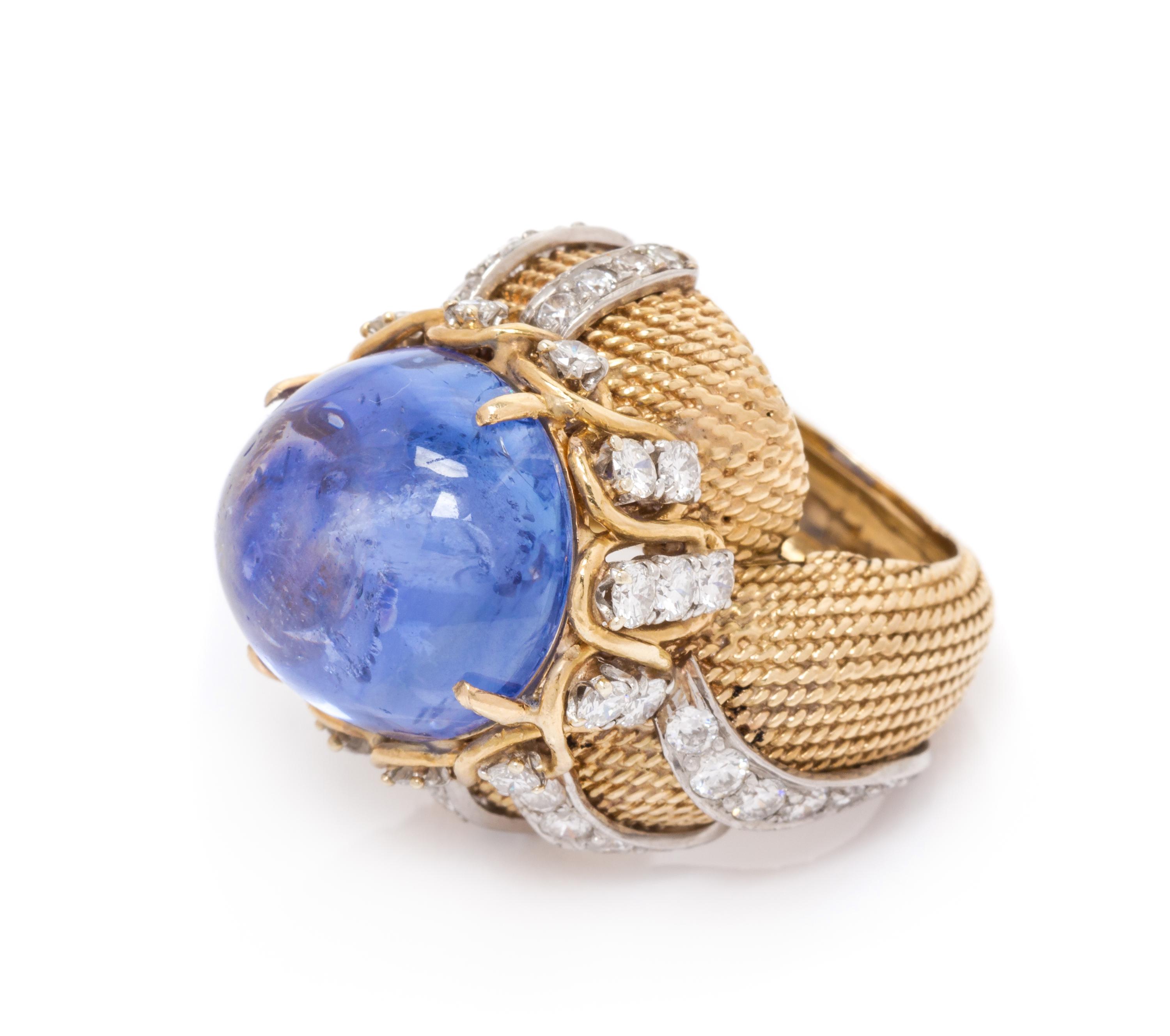 A Yellow Gold, Platinum, Sapphire and Diamond Bombe Ring, 15.80 dwts.