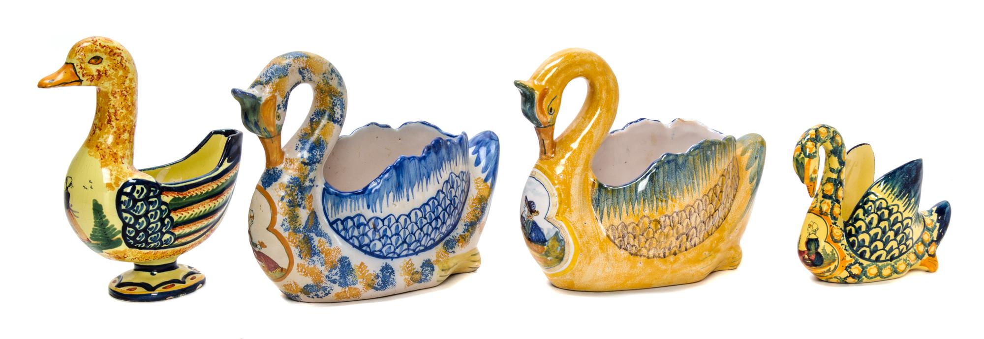 Four Quimper Pottery Swan Form Bowls Height of tallest 7 inches.