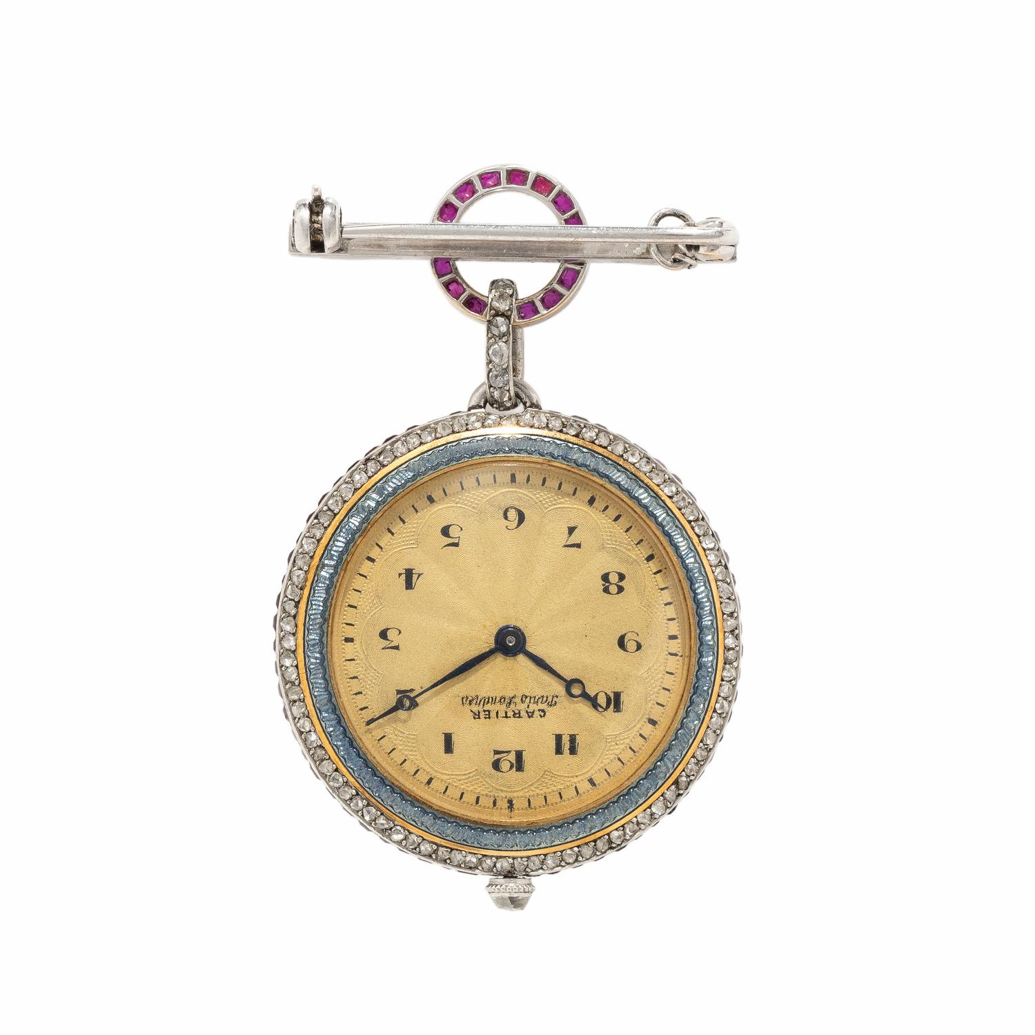 CARTIER, ANTIQUE GUILLOCHÉ ENAMEL LAPEL WATCH