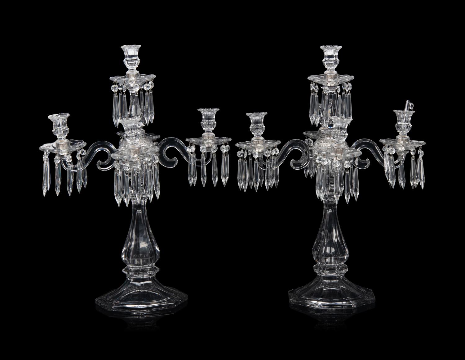 A Pair of Molded Glass Five-Light Candelabra
