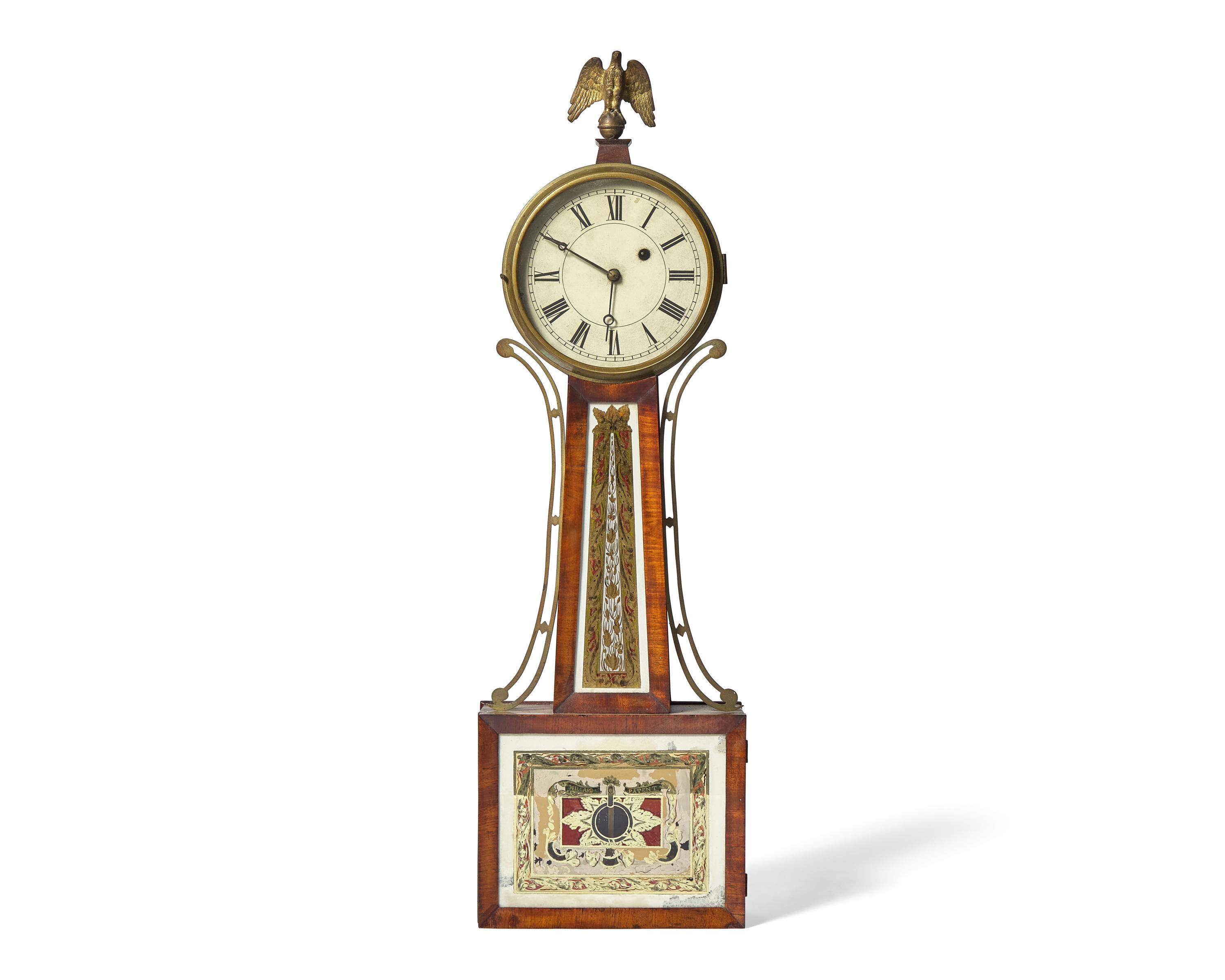 A Federal Brass-Mounted Mahogany and Églomisé Banjo Clock