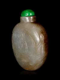 A Chinese Russet and Celadon Jade ‘Floral’ Snuff Bottle