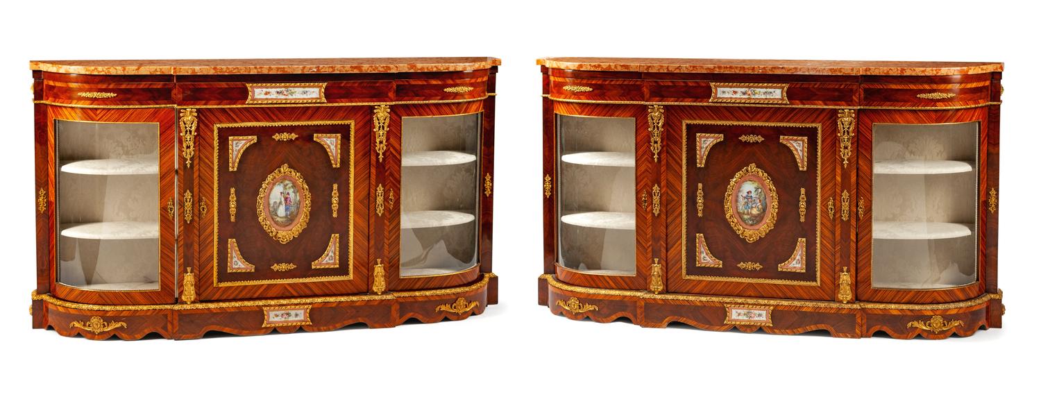 A Pair of French Gilt Metal and Painted Porcelain Mounted Marble-Top Console Cabinets