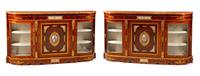 A Pair of French Gilt Metal and Painted Porcelain Mounted Marble-Top Console Cabinets