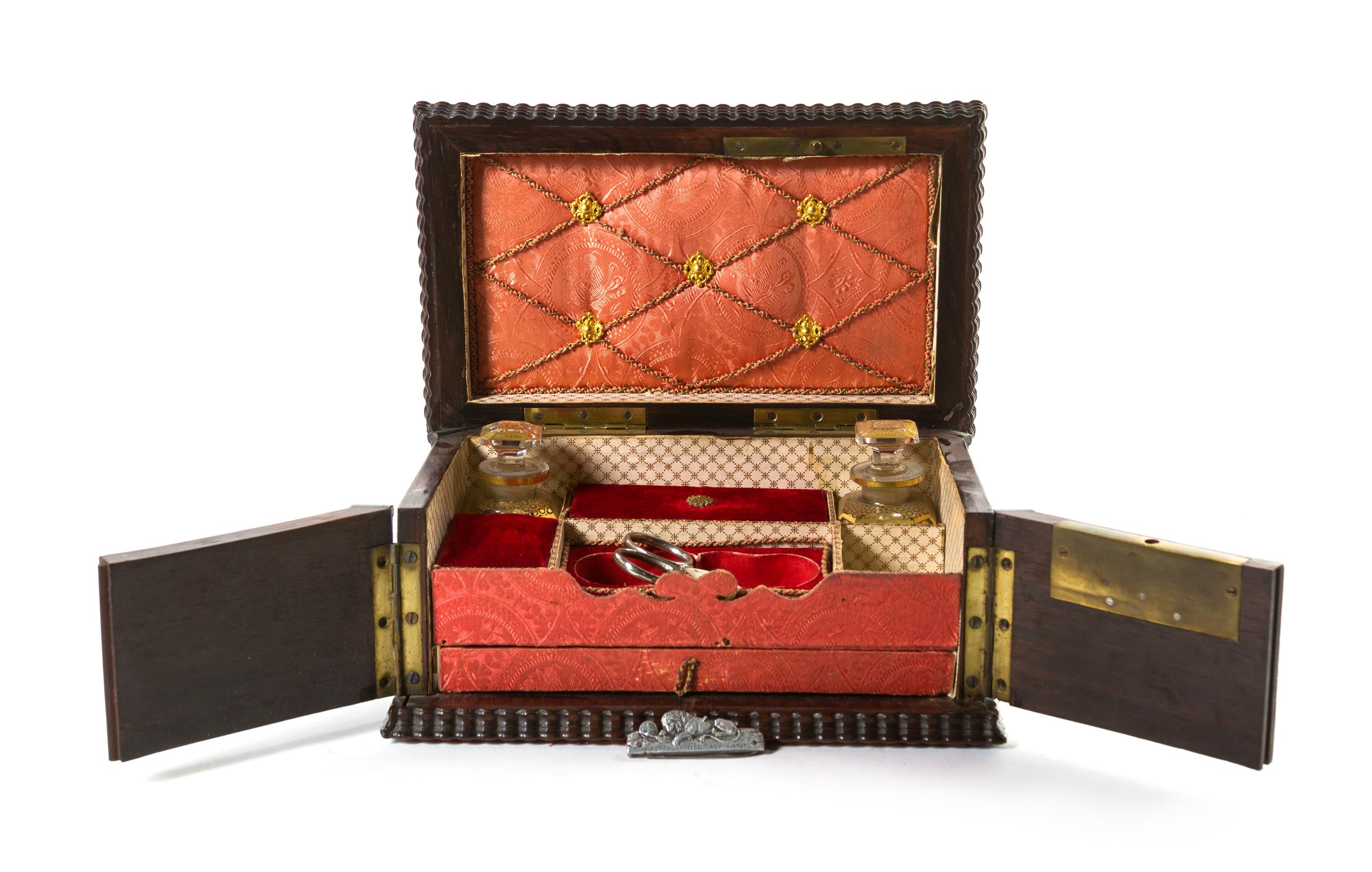 A Continental Brass and Ivory Inlaid Rose Necessaire Case, Width 8 1/2 inches.