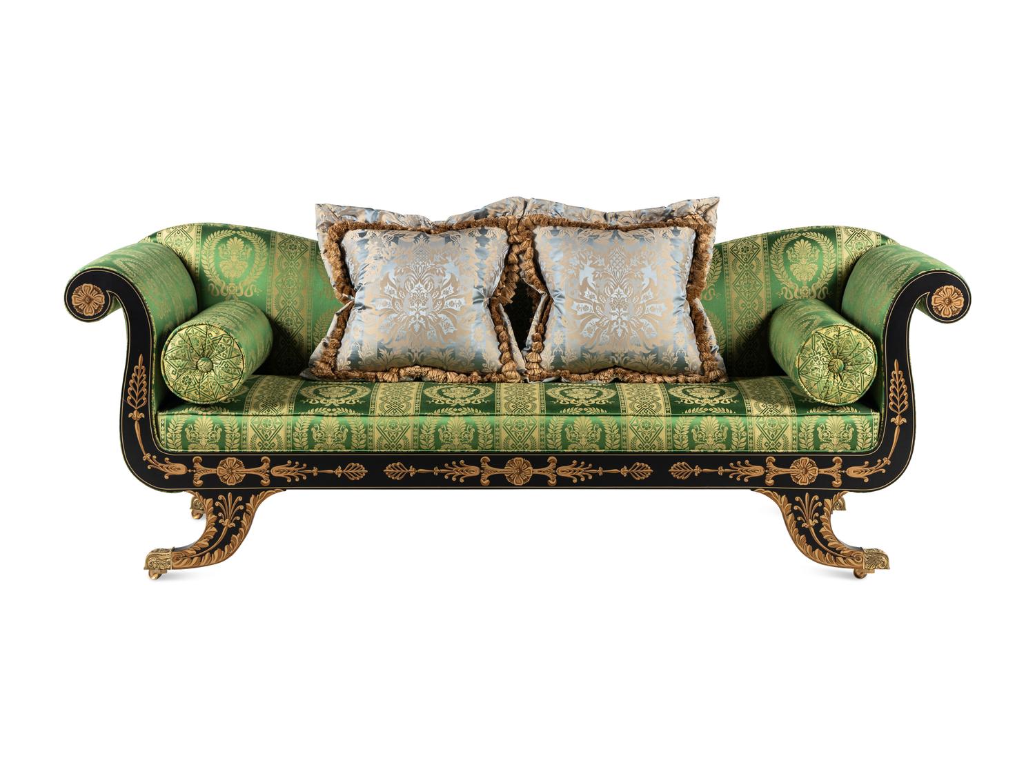 A Classical Style 'Baltimore' Black-Painted and Gilt Settee with Scalamandré Upholstery