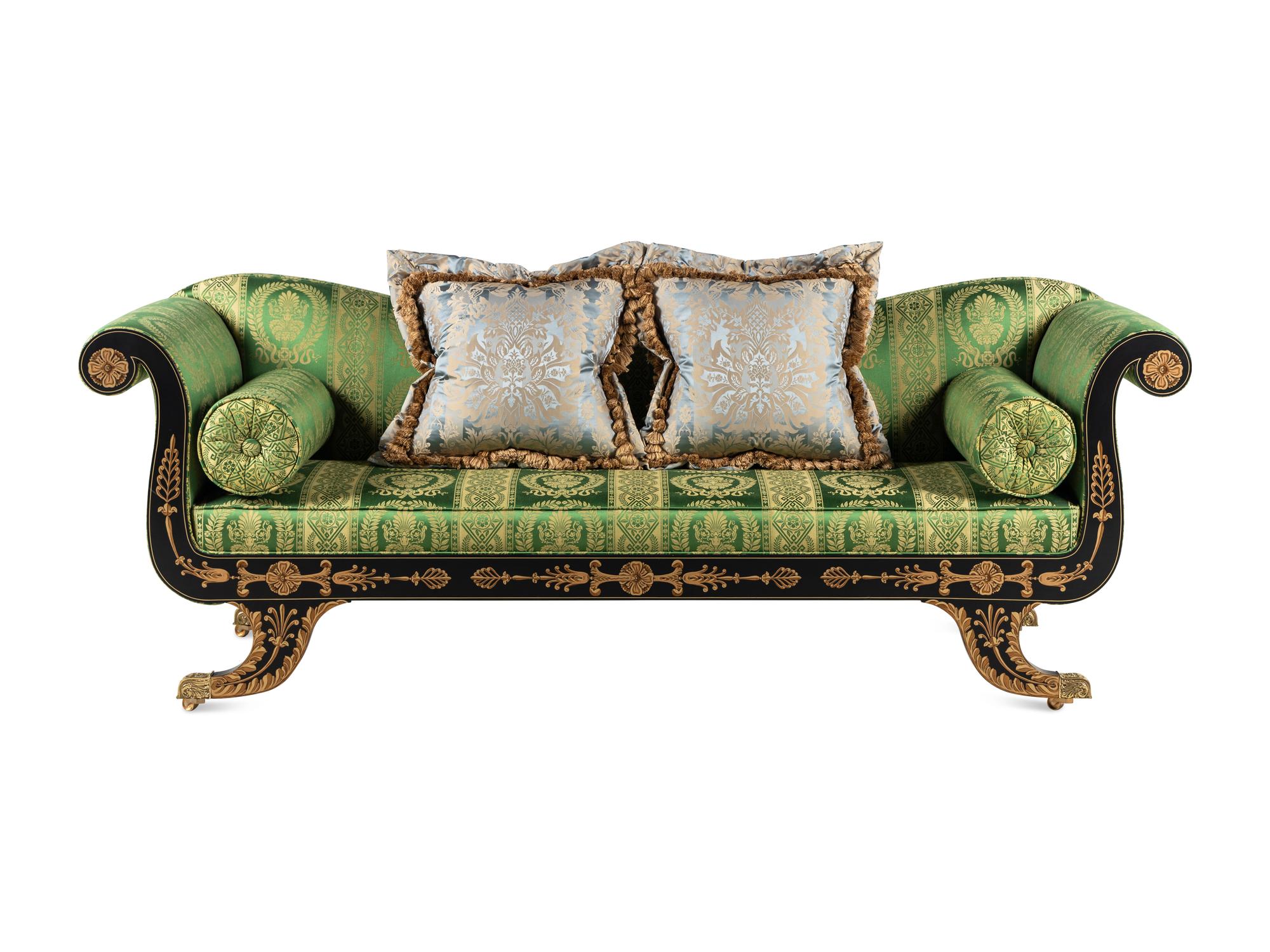 A Classical Style 'Baltimore' Black-Painted and Gilt Settee with Scalamandré Upholstery