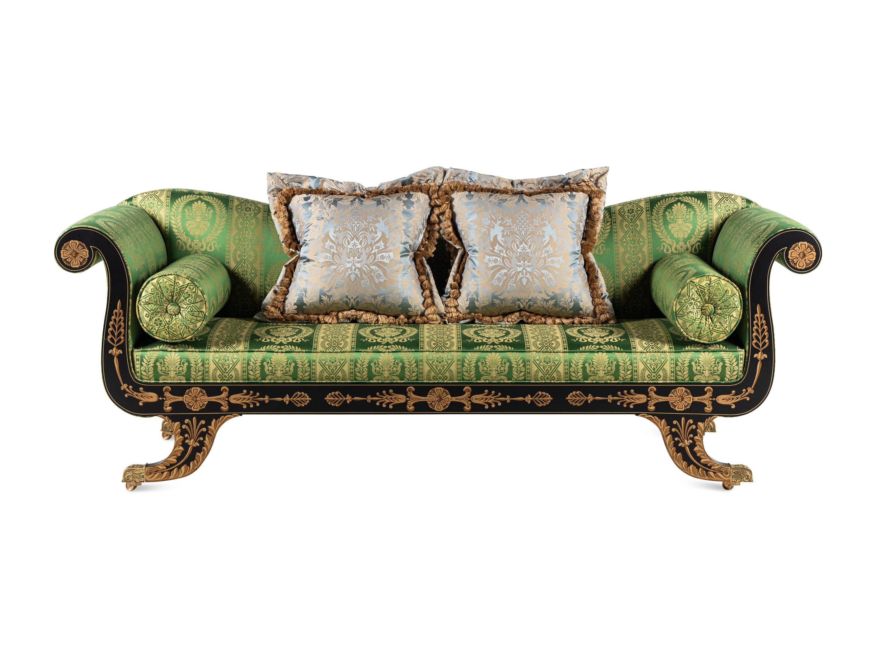 A Classical Style 'Baltimore' Black-Painted and Gilt Settee with Scalamandré Upholstery
