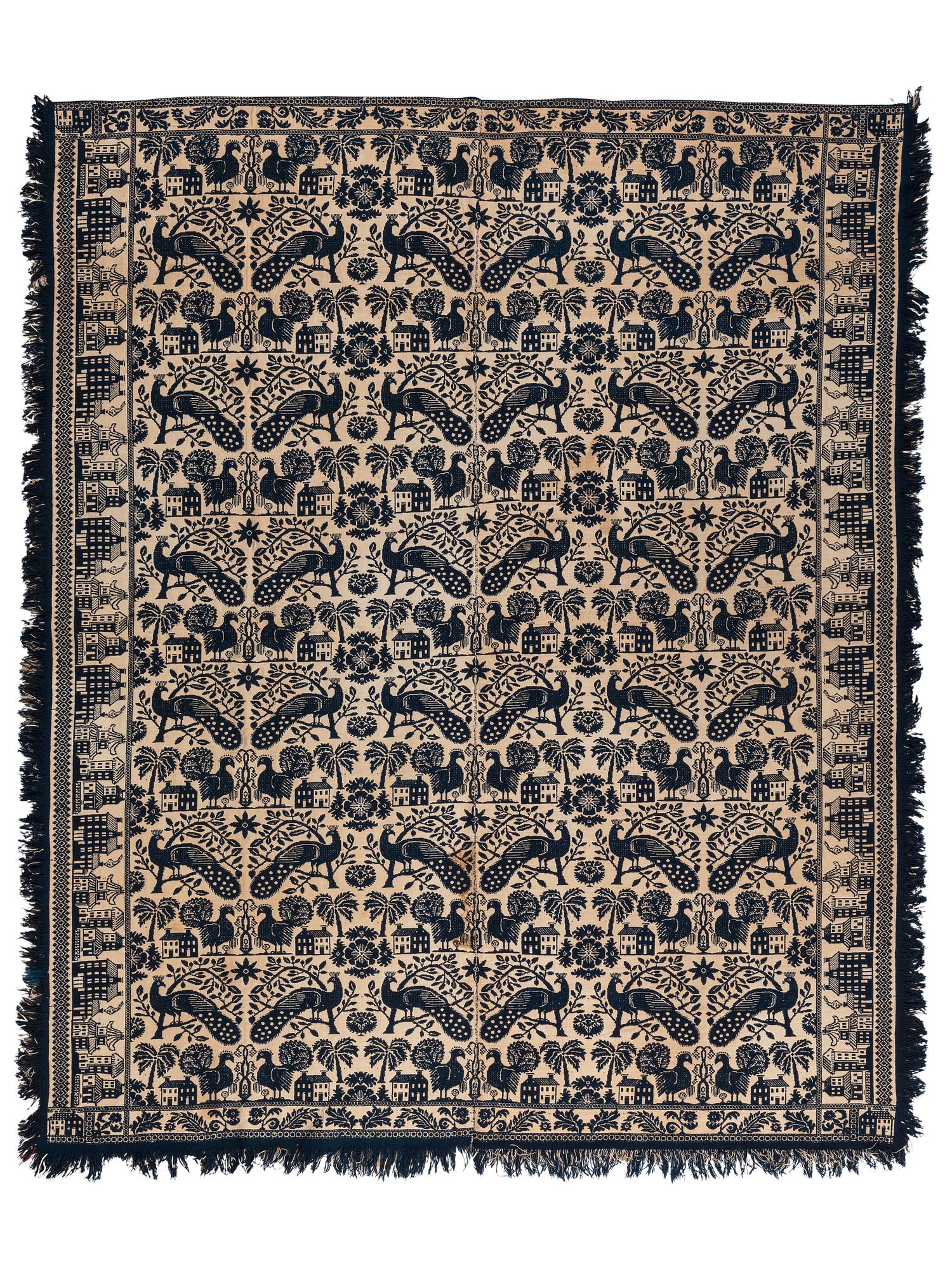 A Peacock, Turkey and Architectural Pattern Jacquard Coverlet