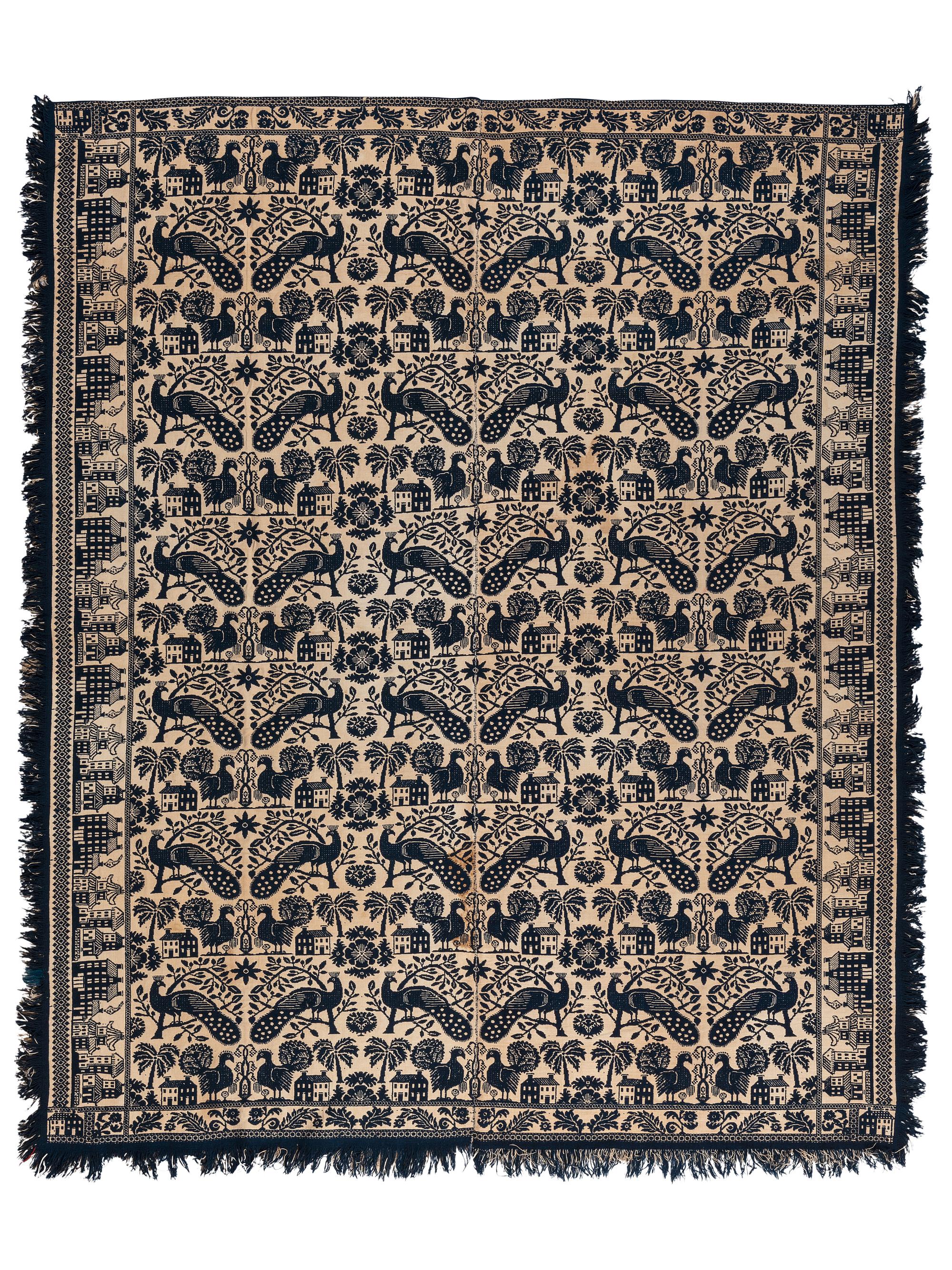 A Peacock, Turkey and Architectural Pattern Jacquard Coverlet