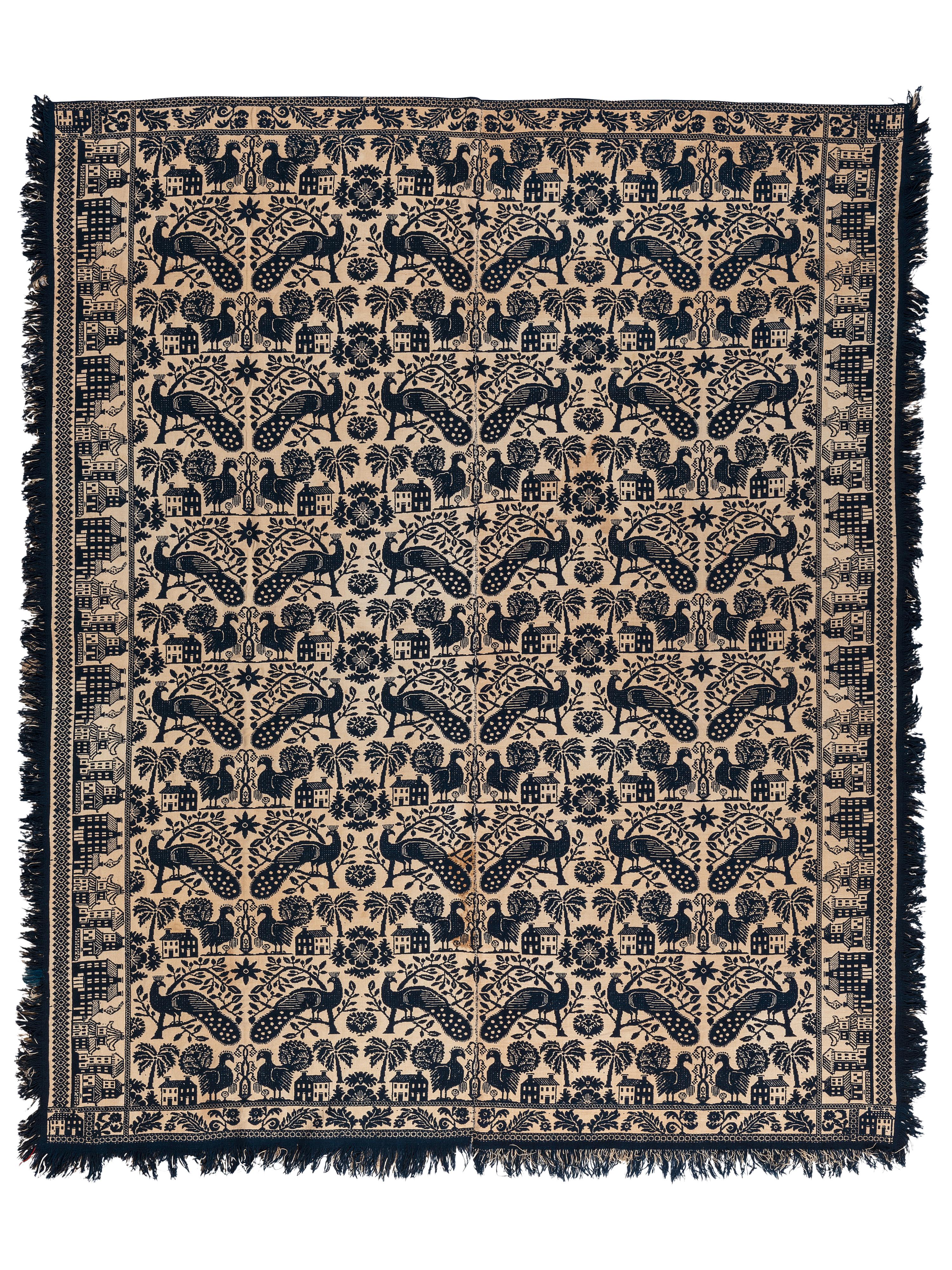 A Peacock, Turkey and Architectural Pattern Jacquard Coverlet