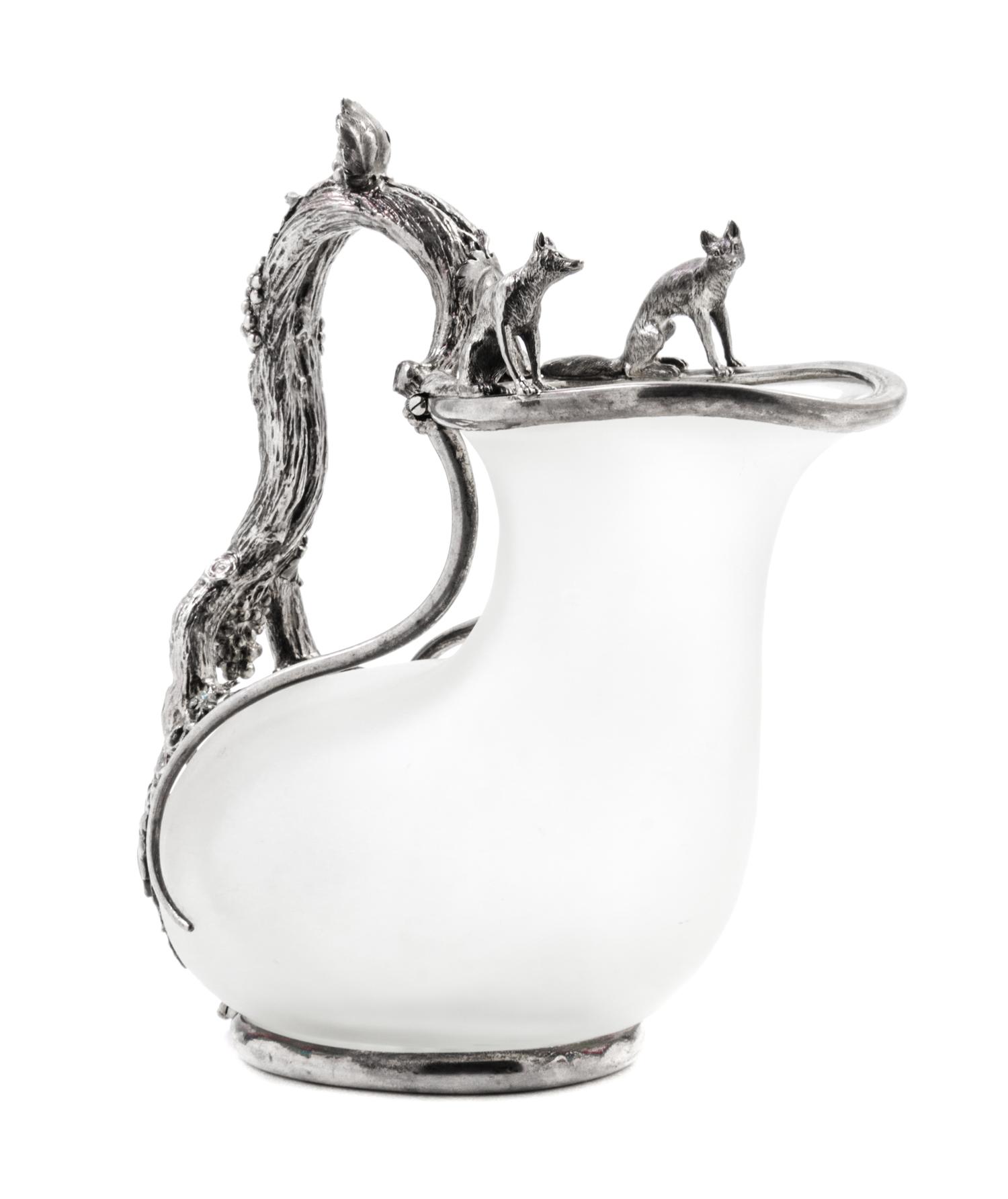 A Victorian Silver Mounted Frosted Glass Ewer, John S. Hunt, London, 1845, of askos form, the handle formed as a grapevine branch with