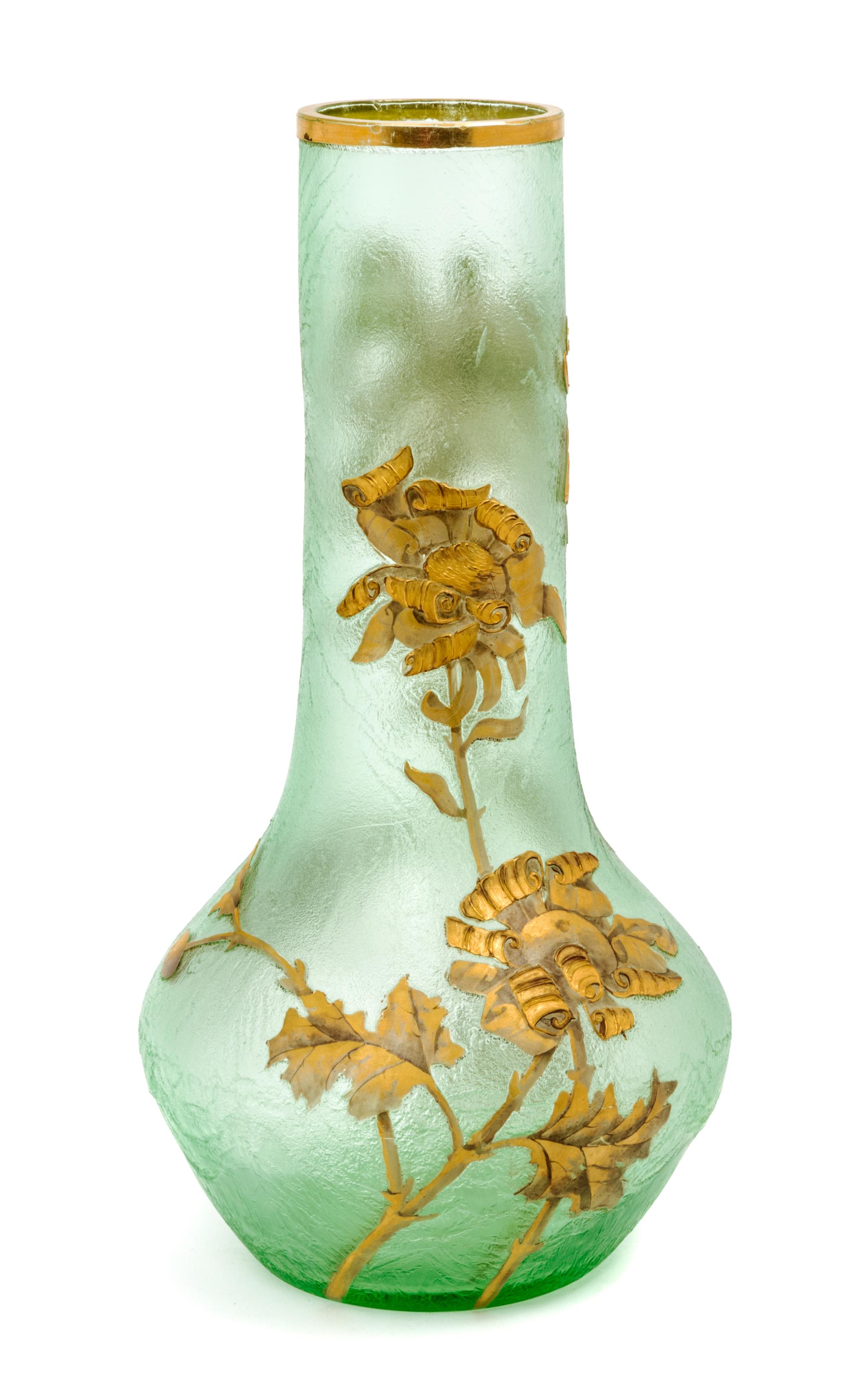 Mont Joye, FRENCH, 19TH/20TH CENTURY, an enameled glass vase, of bottle form with foliate decoration