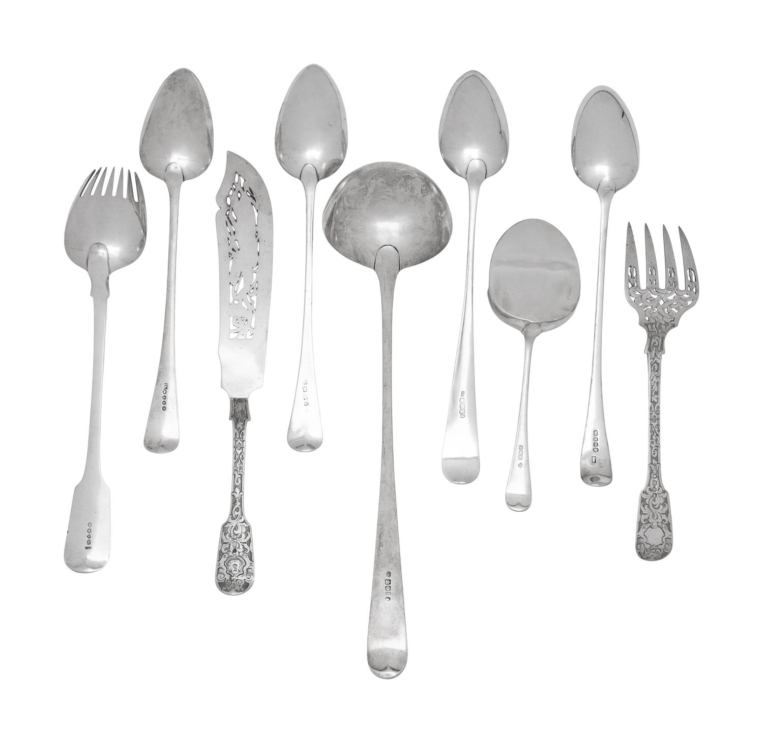 An Assembled Collection of Ten English and Scottish Silver Serving Articles
