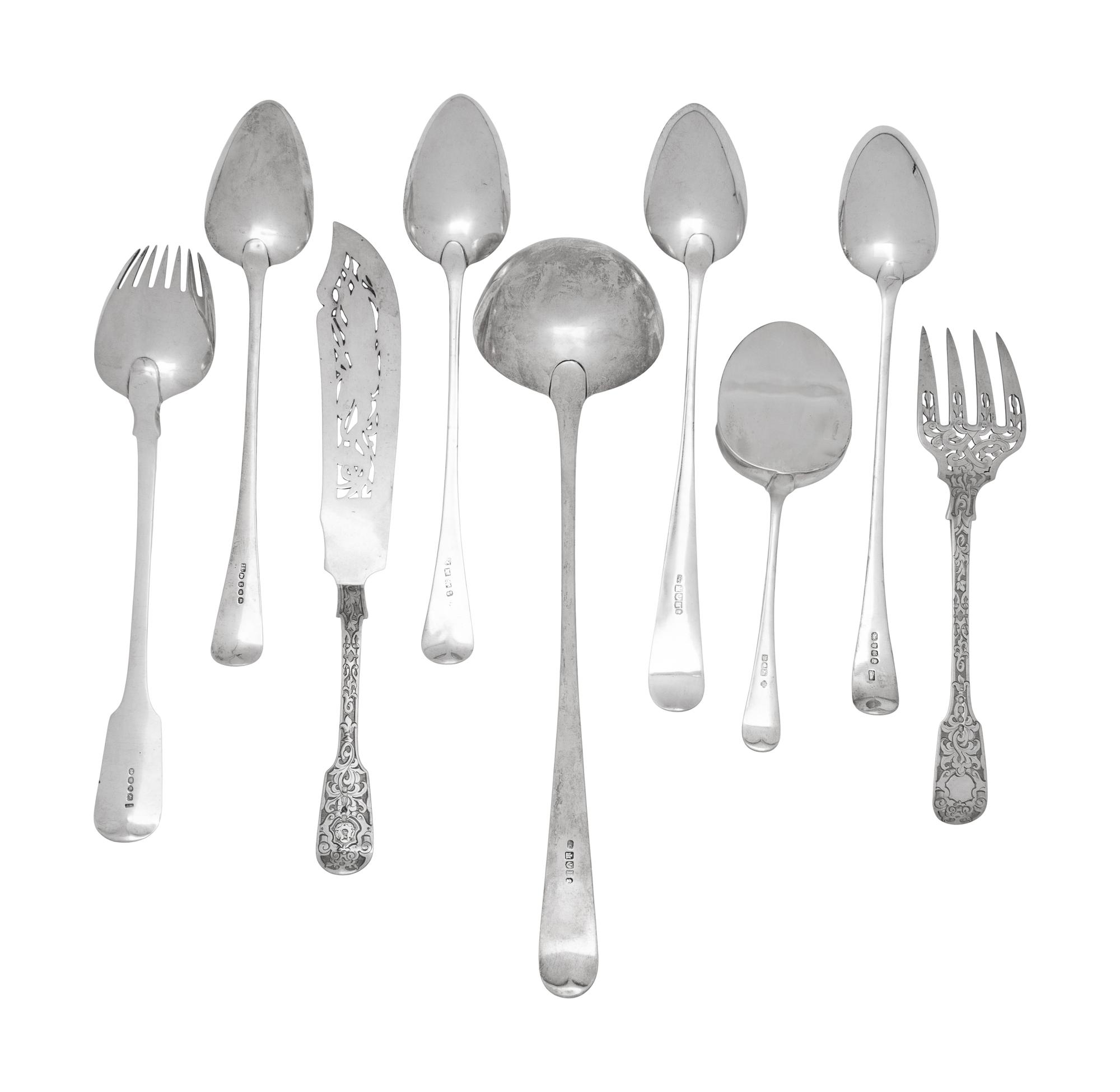An Assembled Collection of Ten English and Scottish Silver Serving Articles