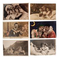 [EARLY PHOTOGRAPHY]. A group of 59 real photo postcards, featuring artfully posed images of women, famous subjects, and genre scenes celebrating romance and the holiday season.