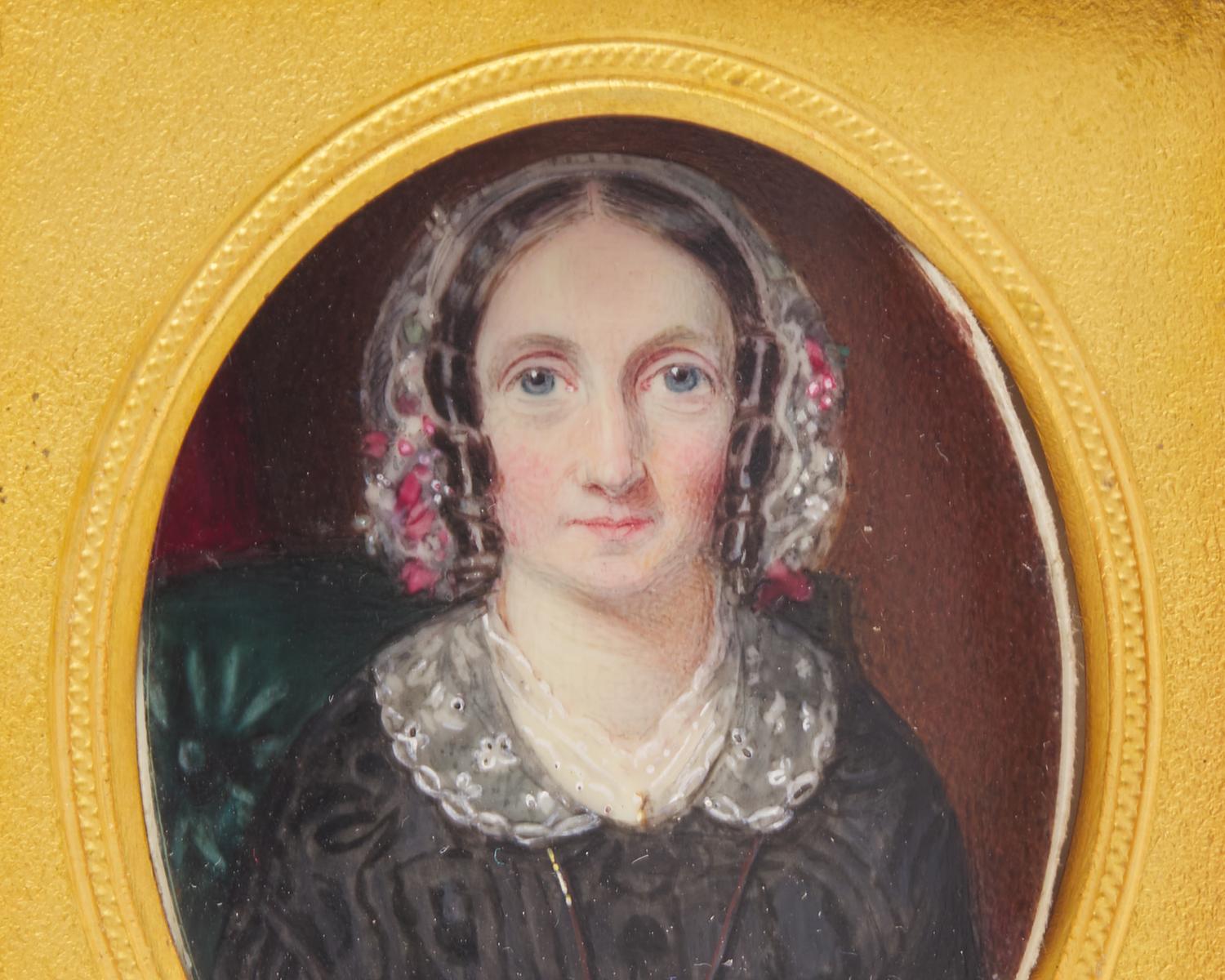 Attributed to Annie Dixon (English, 1817-1901), A Portrait Miniature of a Lady in Black Dress, Lace Collar, and Bonnet