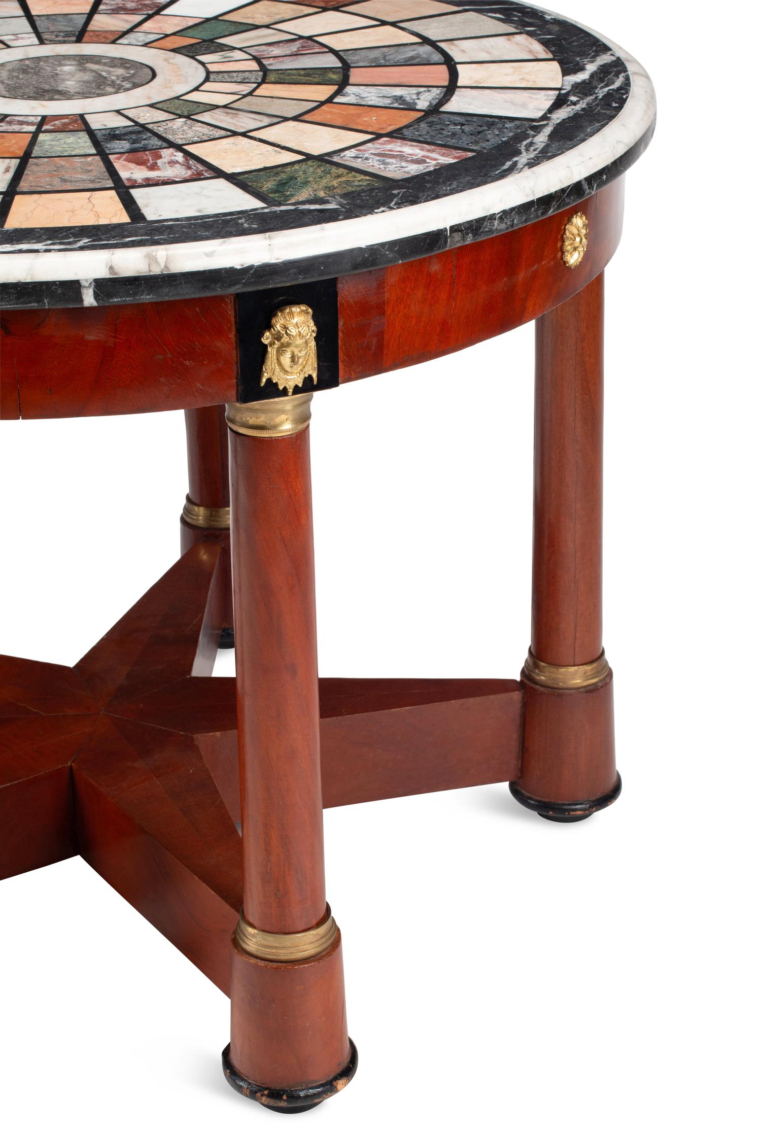 An Empire Style Gilt Bronze Mounted Mahogany and Specimen Marble Center Table