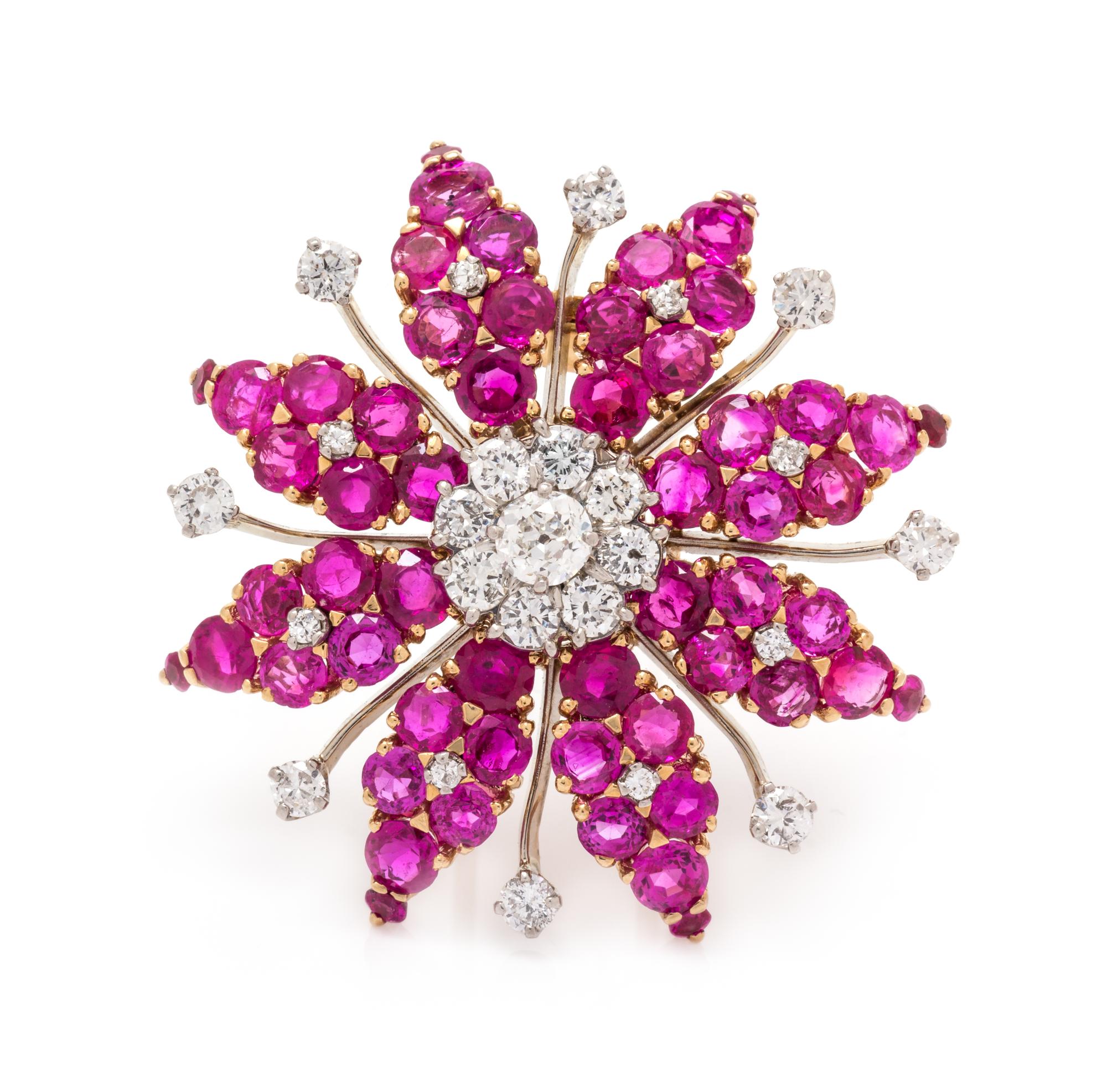 A Rose Gold, Platinum, Ruby and Diamond Brooch, 15.30 dwts.