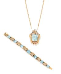 A Collection of Yellow Gold, Aquamarine and Diamond Jewelry, 40.80 dwts.