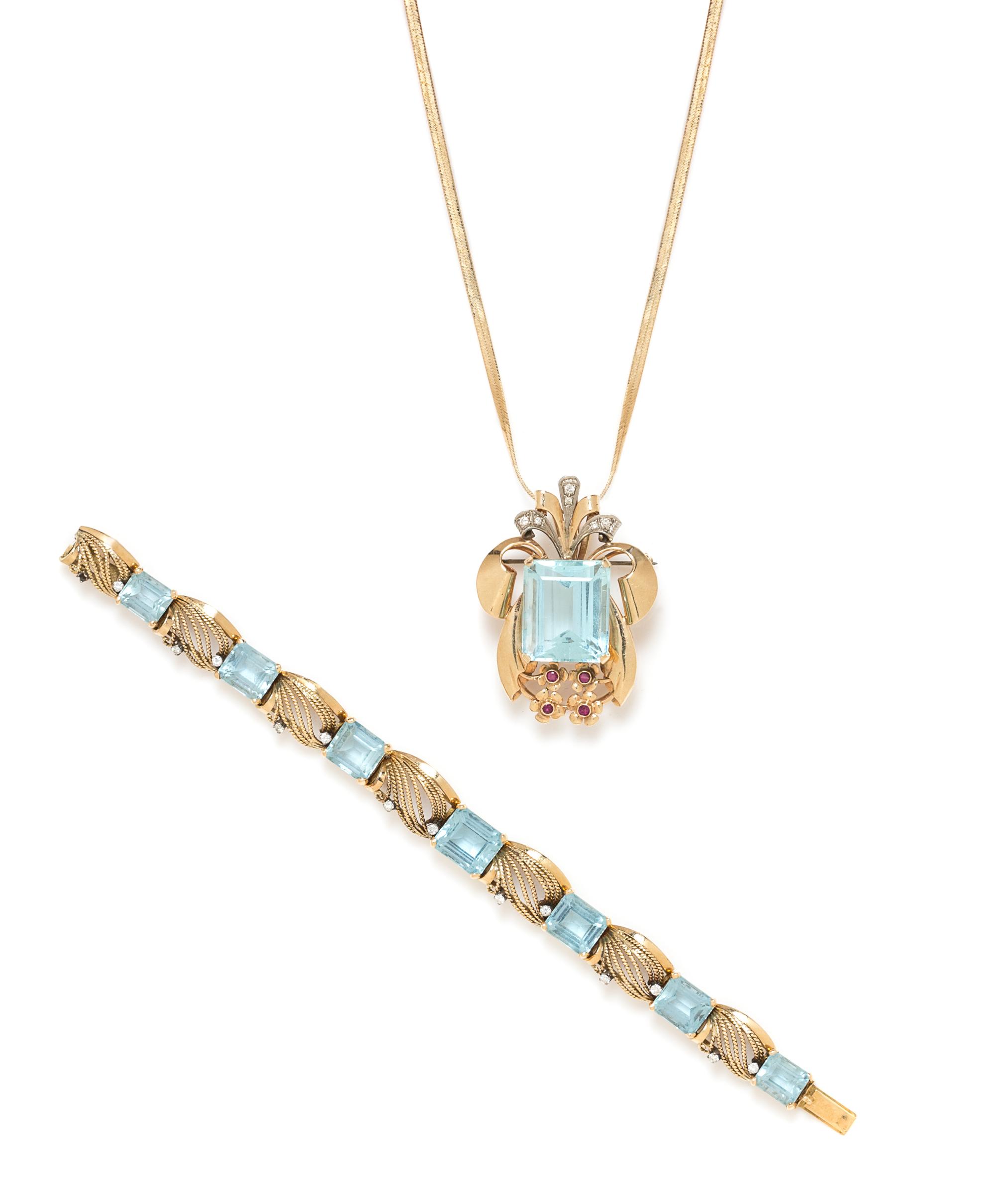 A Collection of Yellow Gold, Aquamarine and Diamond Jewelry, 40.80 dwts.