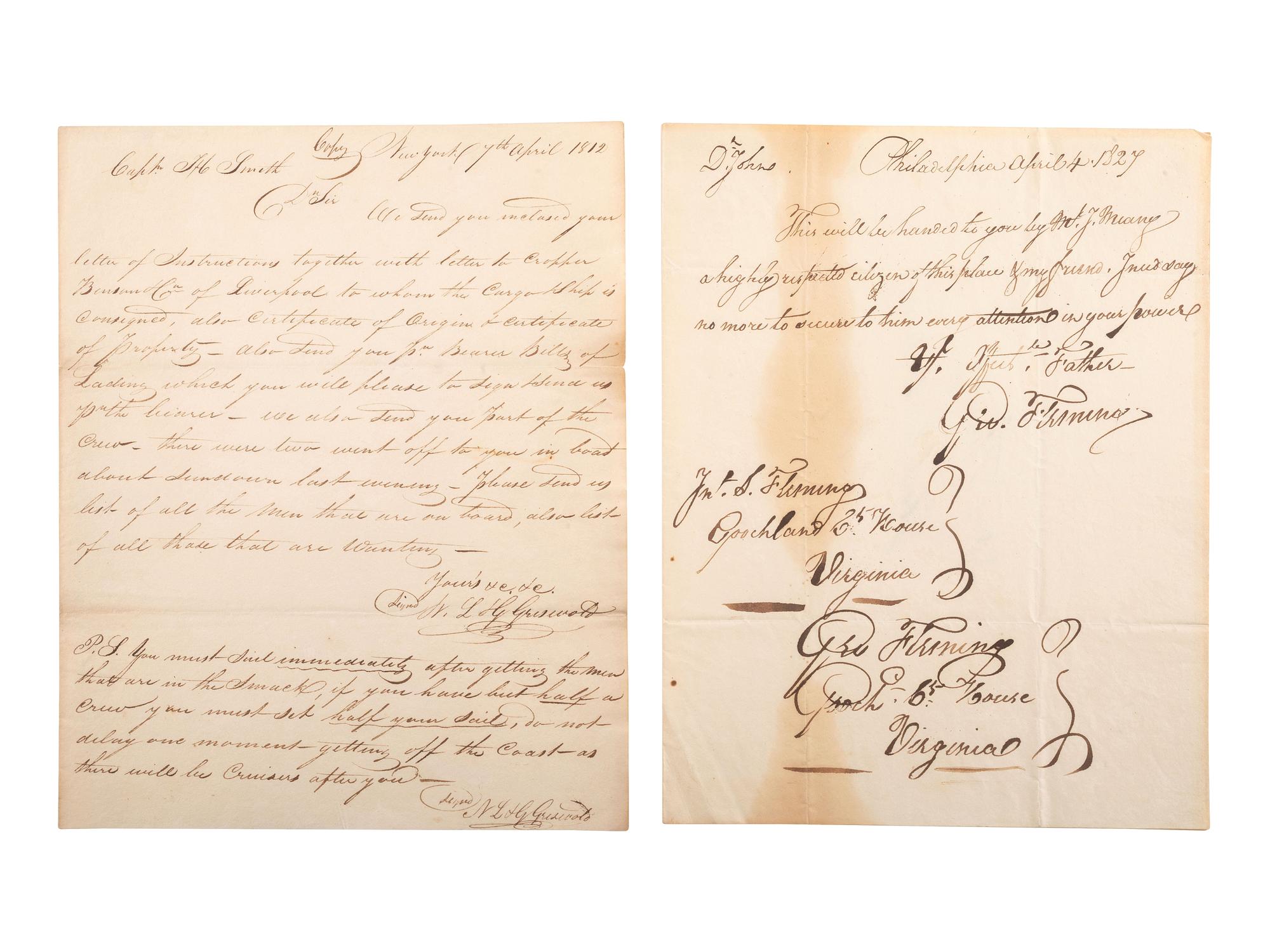 [AMERICANA]. A group of assorted 19th-century documents highlighted by a manuscript copy of instructions from the prominent commercial shipping firm of N.L. & G. Griswold to Captain Smith regarding a voyage to Liverpool, 7 April 1812.
