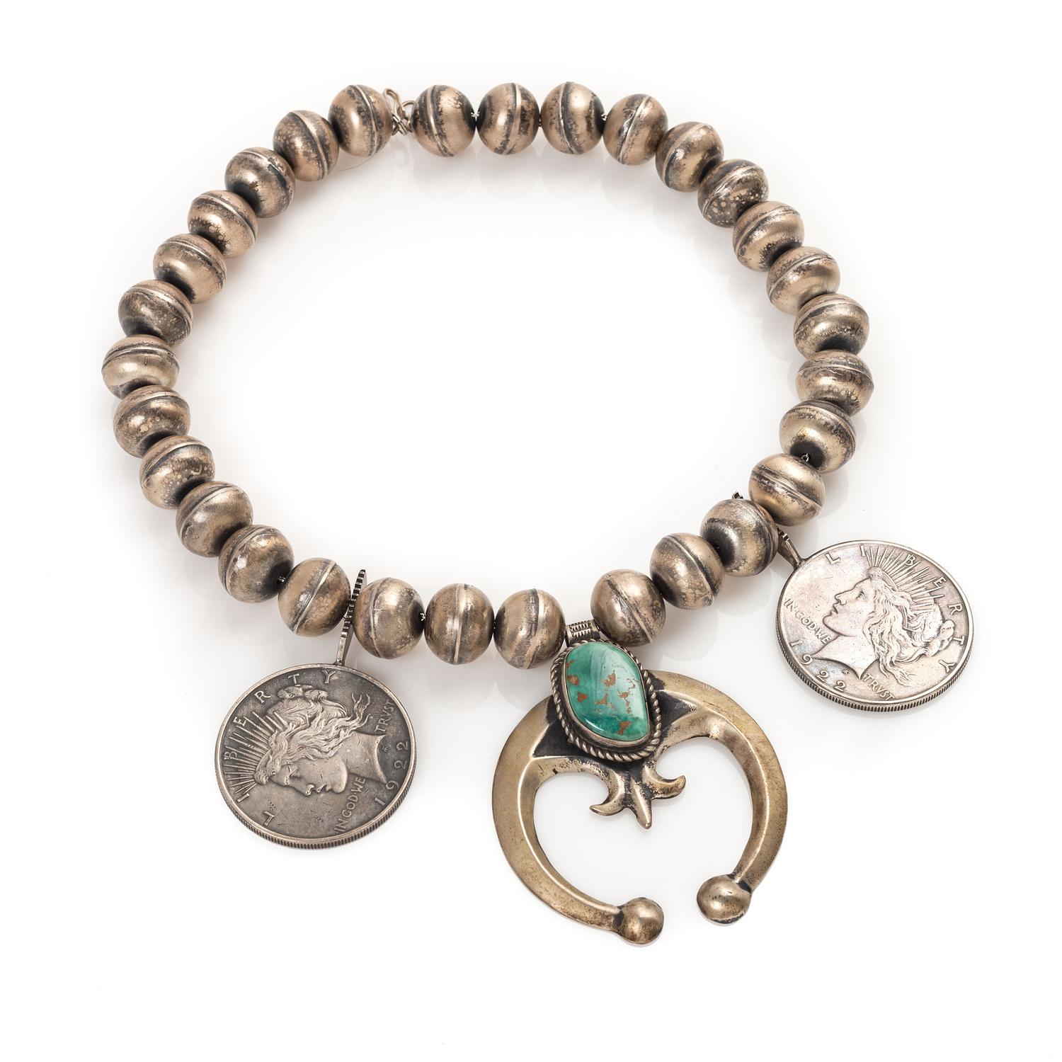 Navajo Turquoise and Silver Dollar Squash Blossom Necklace