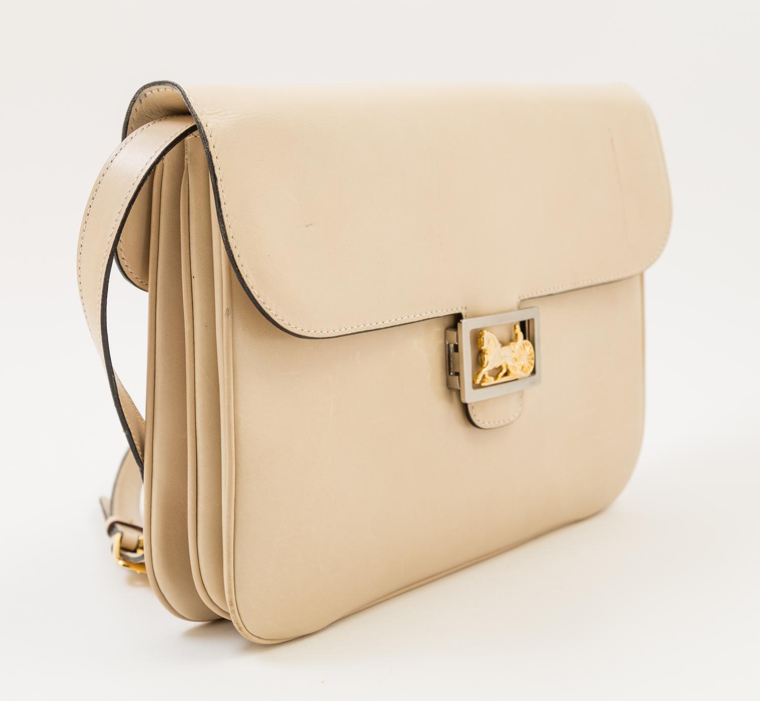 A Celine Cream Vintage Shoulder Bag, 11.5" x 8.25" x 1.5"; Strap drop: 19".